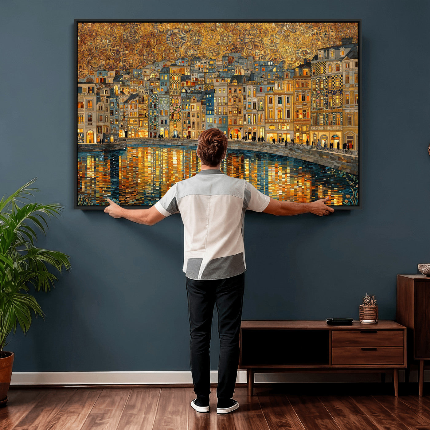 94022787-MGV-CV-36X24 - Gustav Klimt Golden Cityscape Wall Art Canvas Print, Framed River Town Landscape Artwork, Ornate Architecture Wall Decor for Living Room Bedroom Office