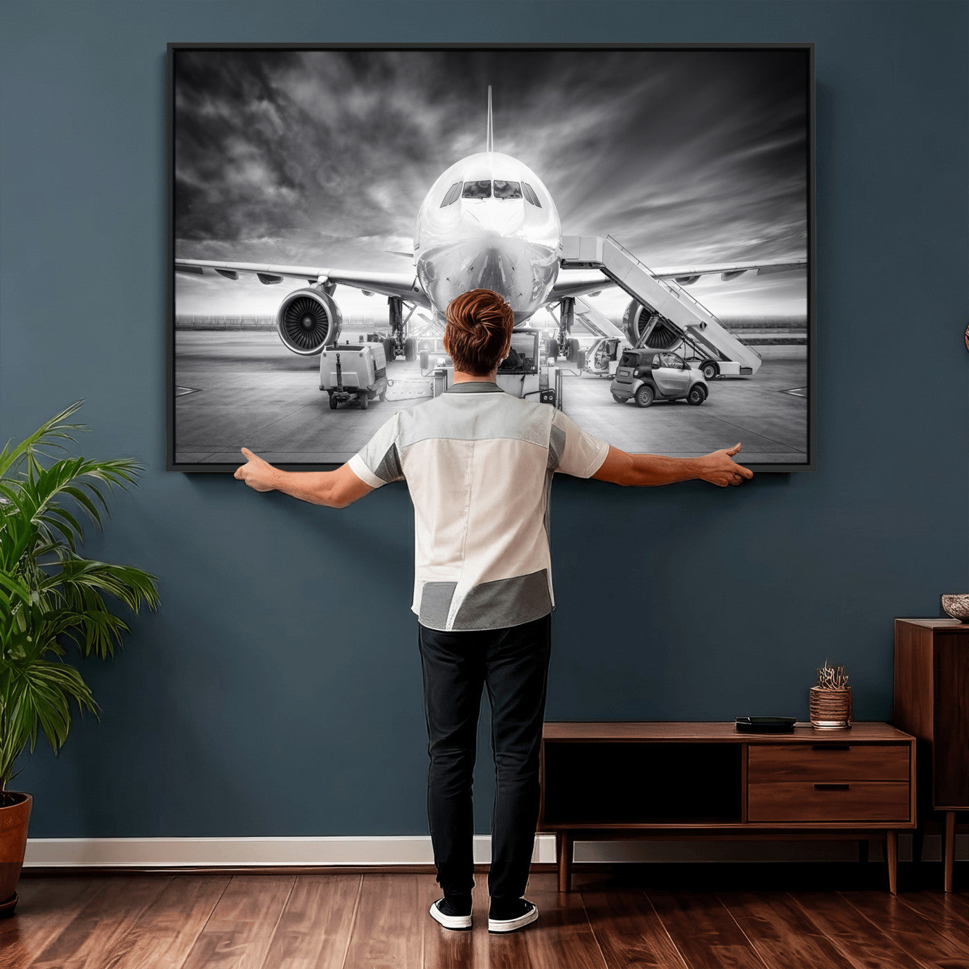 85885848-MGV-CV-36X24 - Airplane Wall Art Canvas Print, Black and White Jet Aircraft Airport Runway Framed Aviation Artwork for Pilot Office Hangar Travel Decor