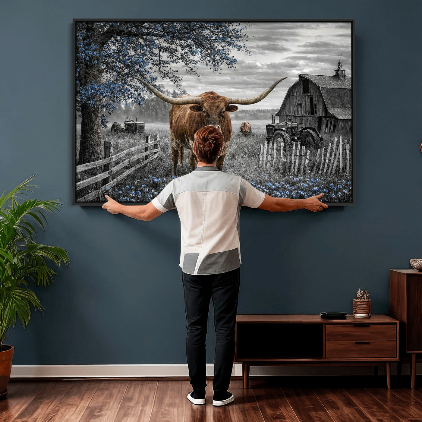 19366343-MGV-CV-36X24 - Texas Longhorn Canvas Wall Art, Rustic Farm Barn Bluebonnet Photography Print, Farmhouse Country Decor, Western Ranch Art, Old Truck Tractor Print