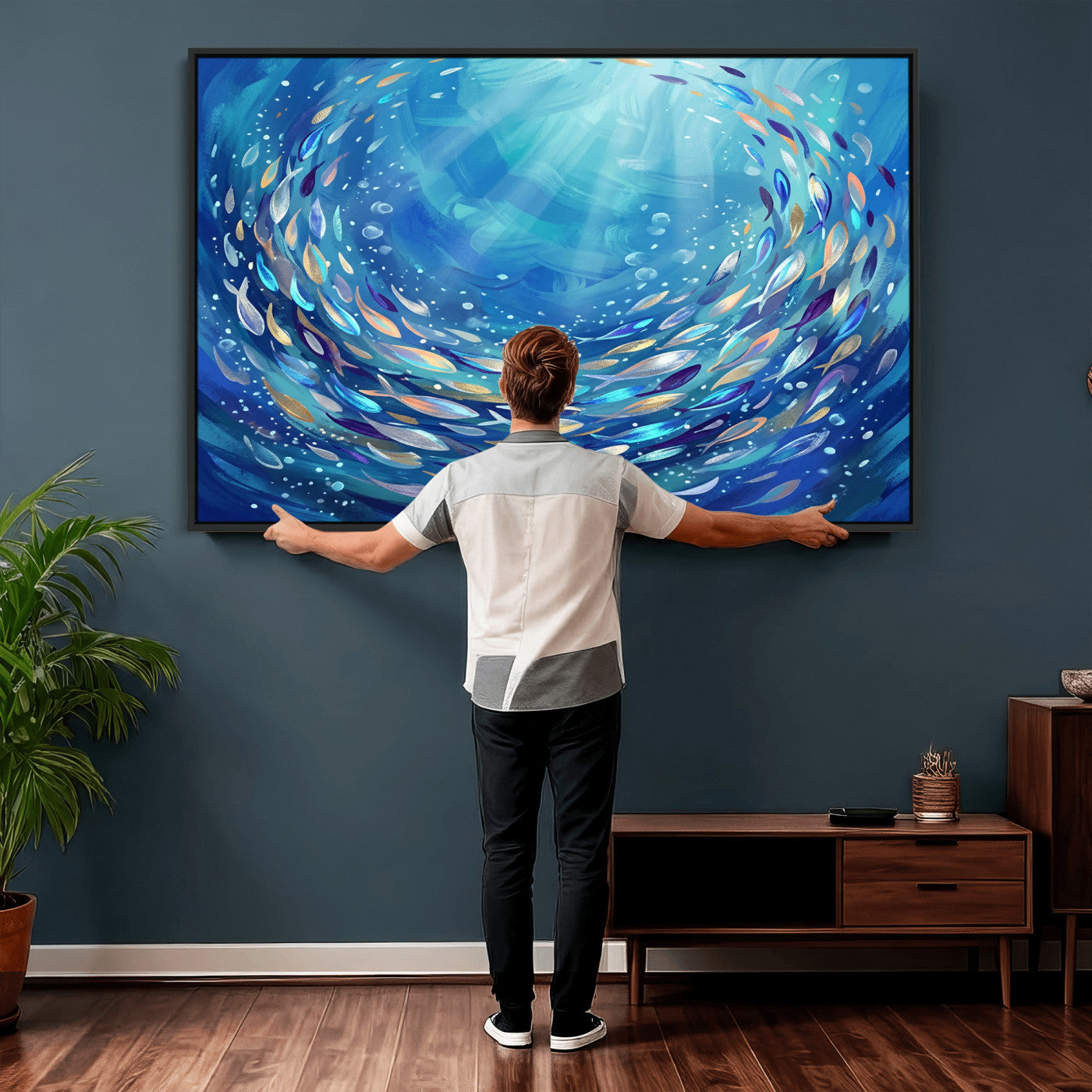 78699899-MGV-CV-36X24 - School of Fish Canvas Print | Blue Ocean Underwater Wall Art | Swirling Fish Shoal Illustration | Marine Navy Coastal Decor