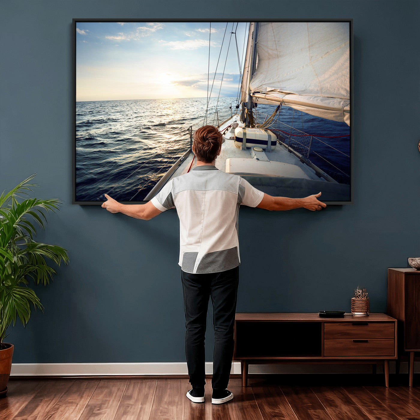 76381335-MGV-CV-36X24 - Sailboat Wall Art Canvas Print, Ocean Sunset Sailing Framed Artwork, Coastal Nautical Seascape Decor for Living Room Office Beach House