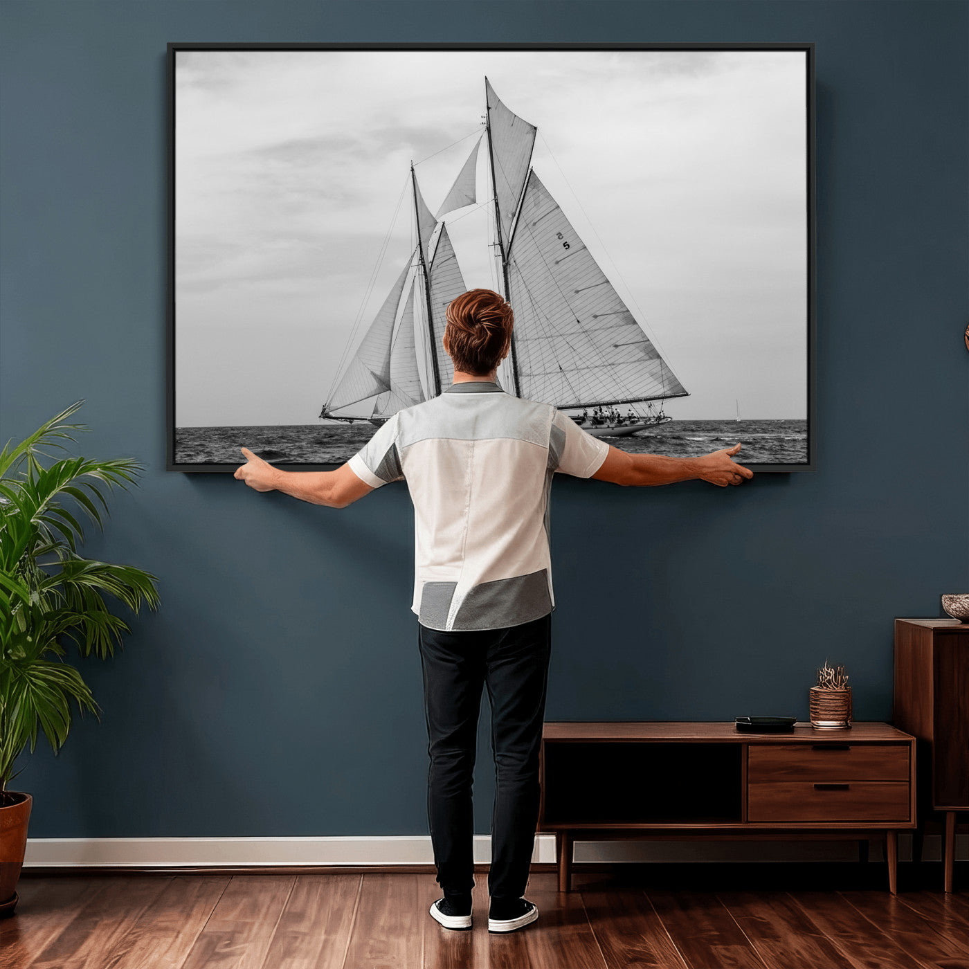 52882918-MGV-CV-36X24 - Vintage Sailboat Wall Art Canvas Print, Black and White Schooner Framed Artwork, Nautical Ocean Sailing Decor for Living Room Office Beach House