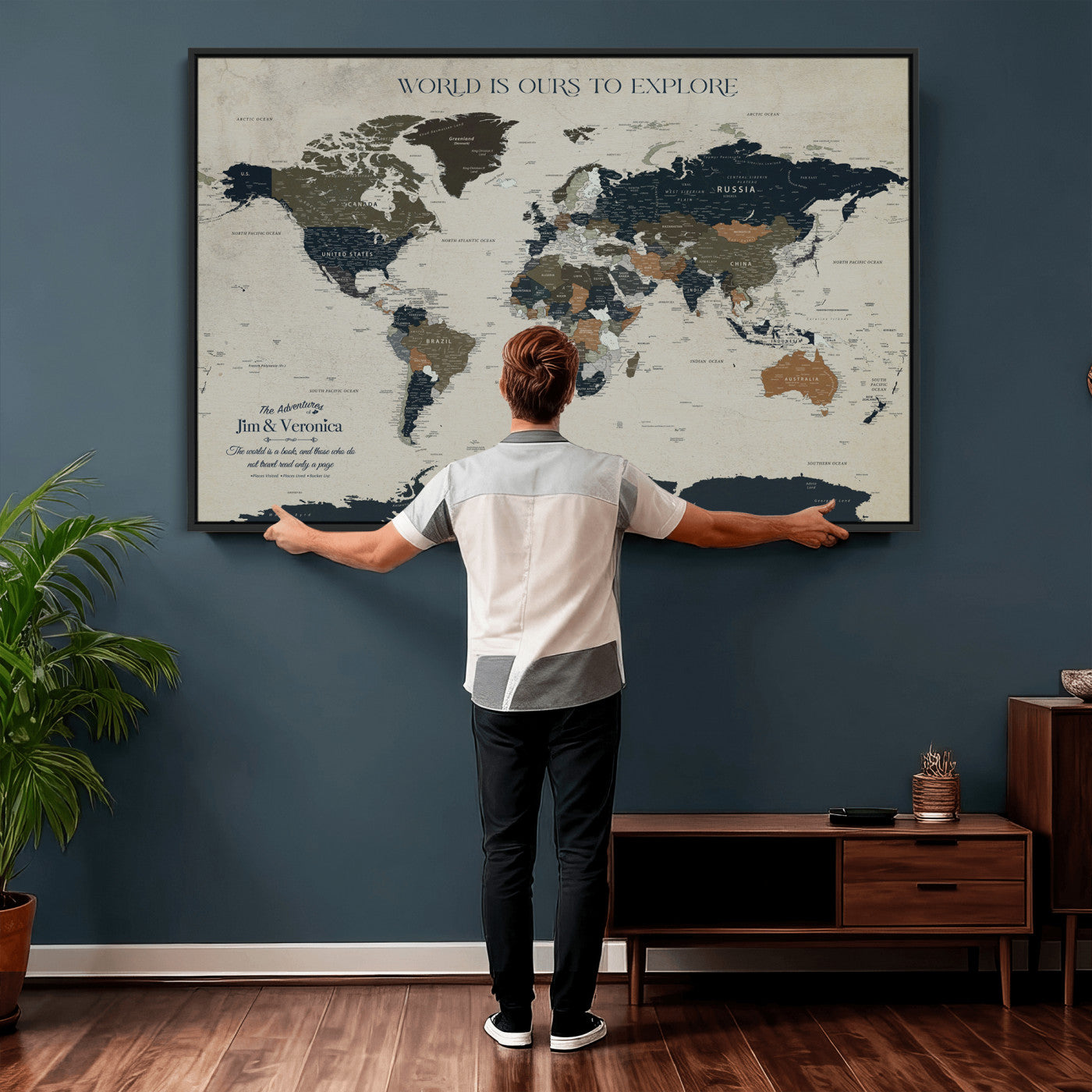 64110391126C-MGV-CV-36X24 - Custom Push Pin World Map Wall Art Canvas Print – Personalized Travel Tracker with Pins Framed Large for Home and Office Decor