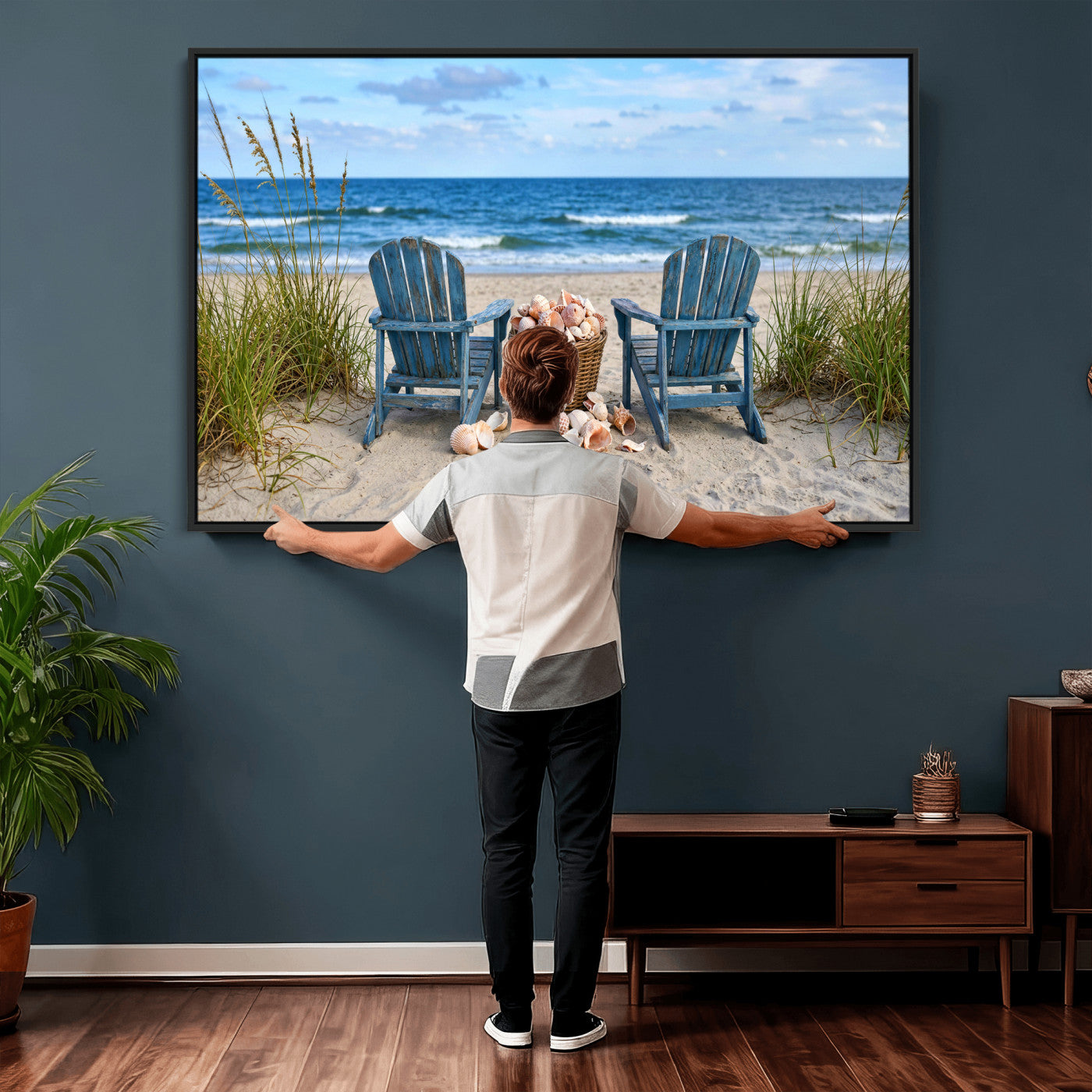 80268829-MGV-CV-36X24 - Large Beach Canvas Wall Art Coastal Adirondack Chairs Ocean Seashells Blue Nautical Framed Large for Living Room Bedroom Bathroom Decor