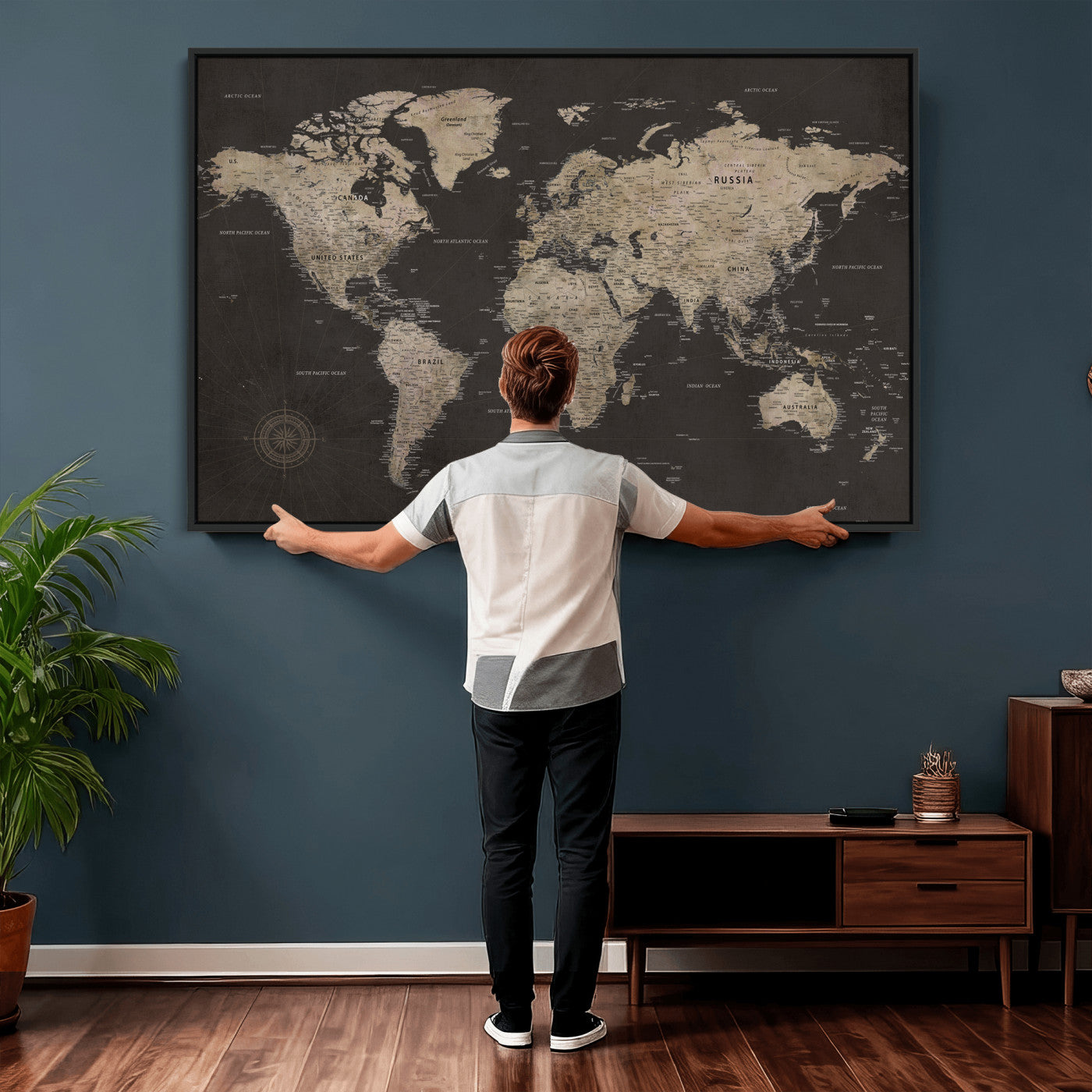 56556018136-MGV-CV-36X24 - World Map Canvas Wall Art Dark Charcoal Antique Tan Detailed Every Country Labeled Framed Large for Home Office Living Room Bedroom Decor