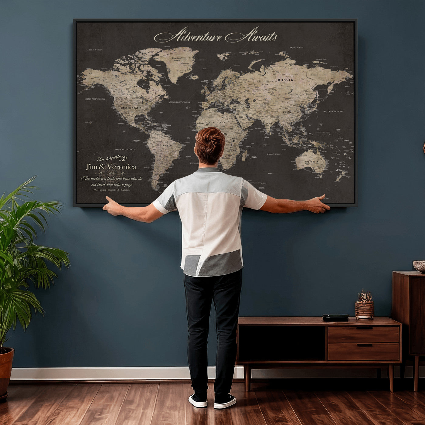 56556018136C-MGV-CV-36X24 - Custom World Map with Pins Canvas Wall Art Dark Charcoal Antique Tan Detailed Every Country Labeled Framed Large for Home Office Living Room Bedroom Decor