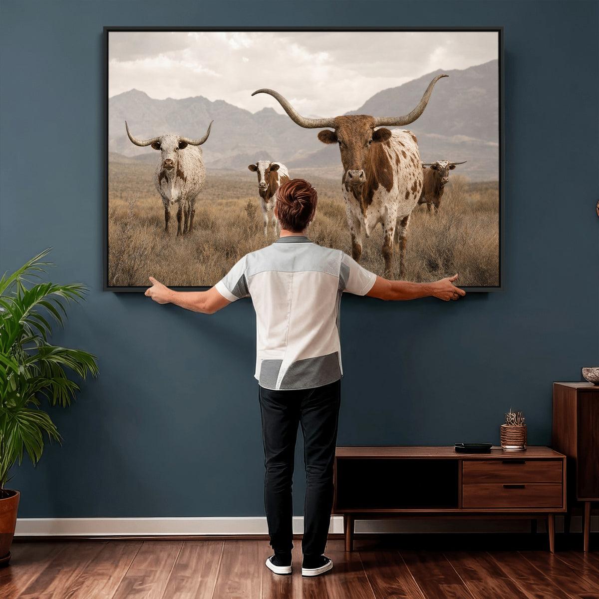 62336425AD-MGV-CV-36X24 - Rustic Texas Longhorn Cow Canvas Wall Art Print, Rustic Farm Animal Photography Print, Farmhouse Country Decor, Western Ranch Art