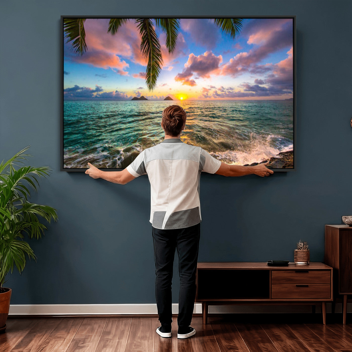 13207742-MGV-CV-36X24 - Hawaii Beach Sunset Canvas Wall Art Print, Tropical Ocean Landscape Artwork, Palm Tree Coastal Decor for Living Room Bedroom