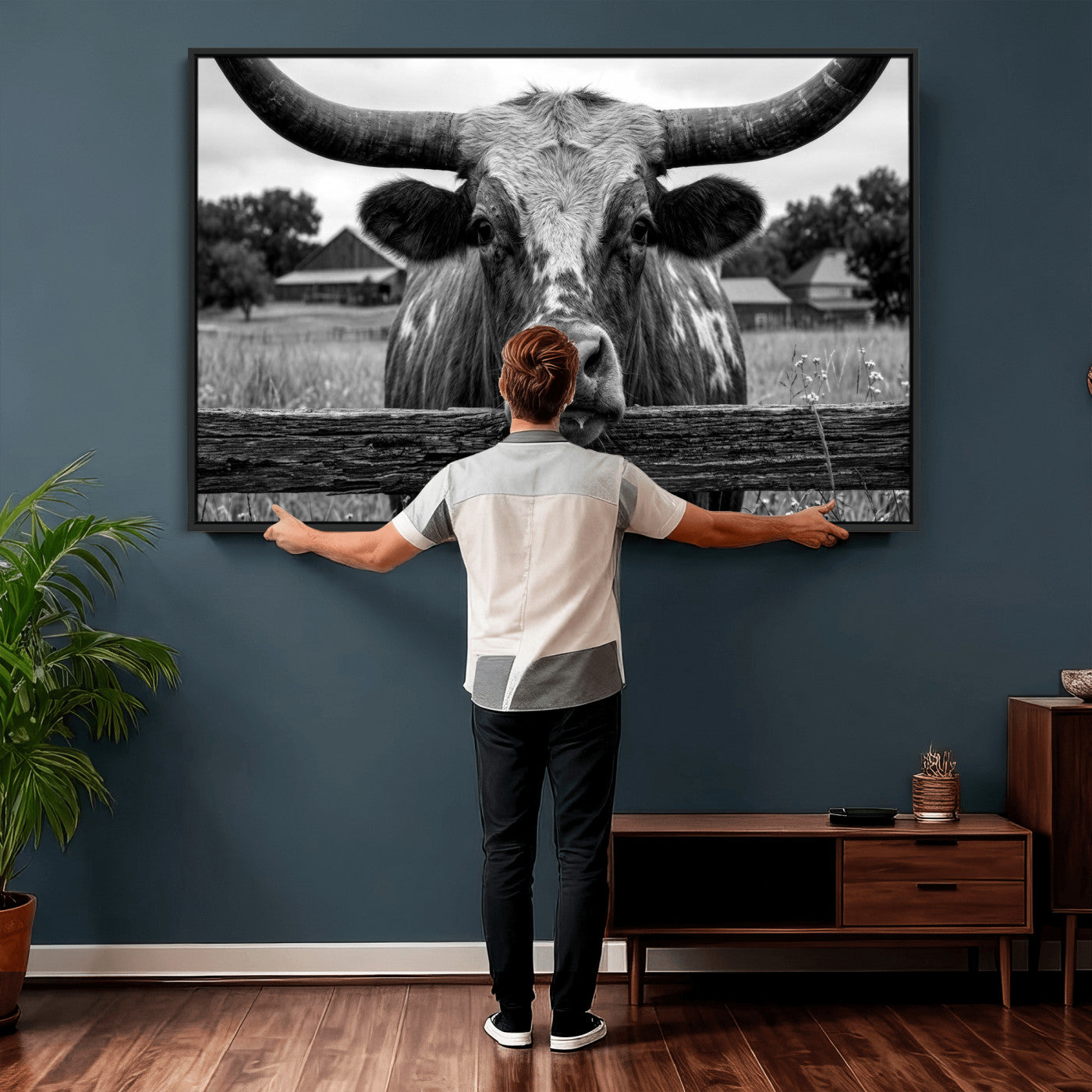 59378683B-MGV-CV-36X24 - Black White Texas Longhorn Bull Canvas Wall Art, Western Ranch Cattle Photography Print, Rustic Farmhouse Cowboy Decor Artwork