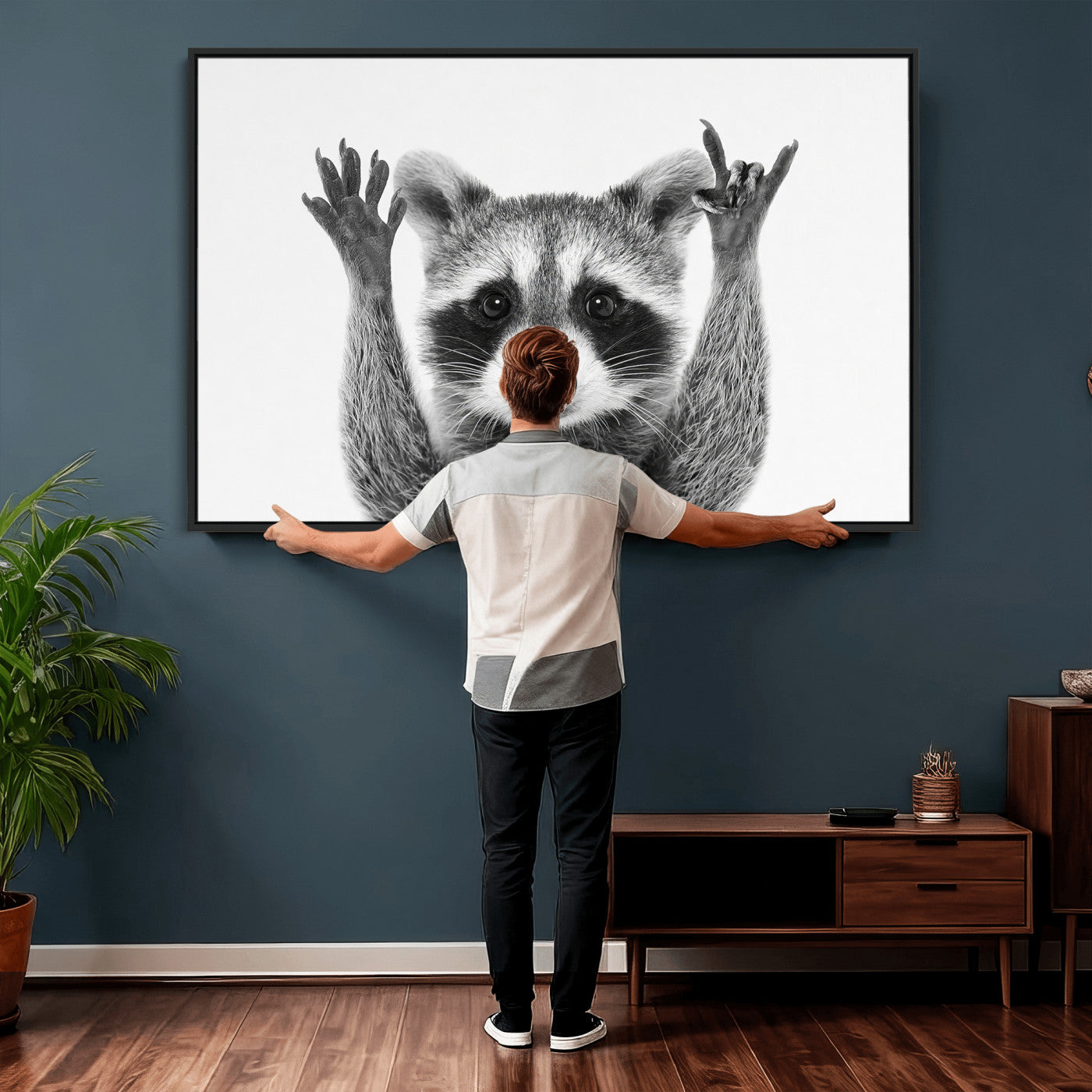82392228-MGV-CV-36X24 - Funny Raccoon Canvas Wall Art, Black White Hands Up Animal Photo Print, Humorous Wildlife Decor, Kids Room Nursery Art, Quirky Animal Gift
