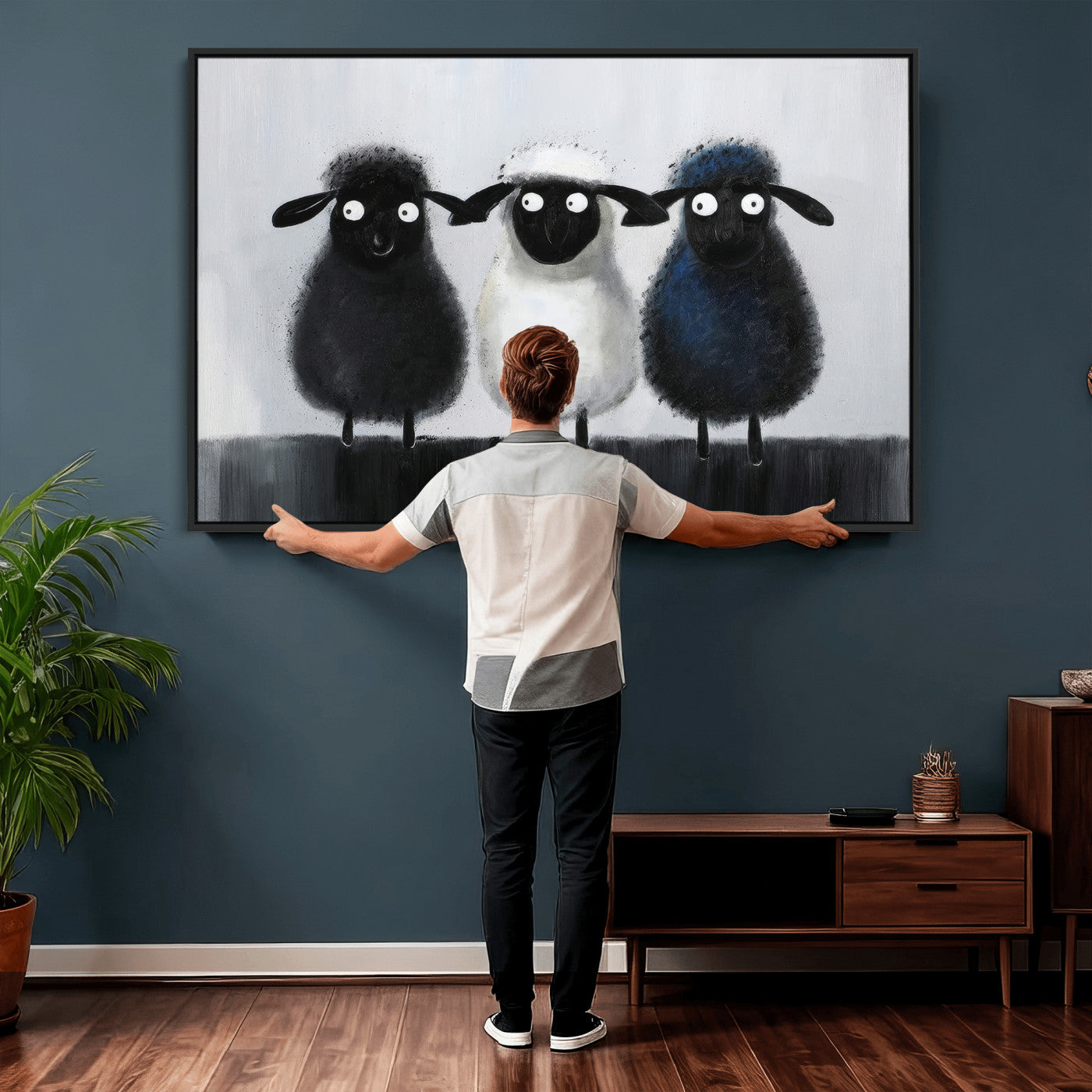 45650028-MGV-CV-36X24 - Funny Sheep Canvas Wall Art, Three Quirky Sheep Painting Print, Cute Animal Nursery Decor, Black White Navy Farmhouse Art, Kids Room Gift