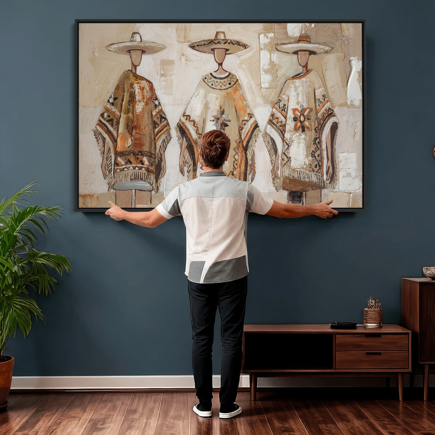 85373290-MGV-CV-36X24 - Mexican Folk Art Canvas Wall Art, Charro Poncho Sombrero Painting Print, Neutral Beige Boho Decor, Southwestern Impasto Style, Living Room Art