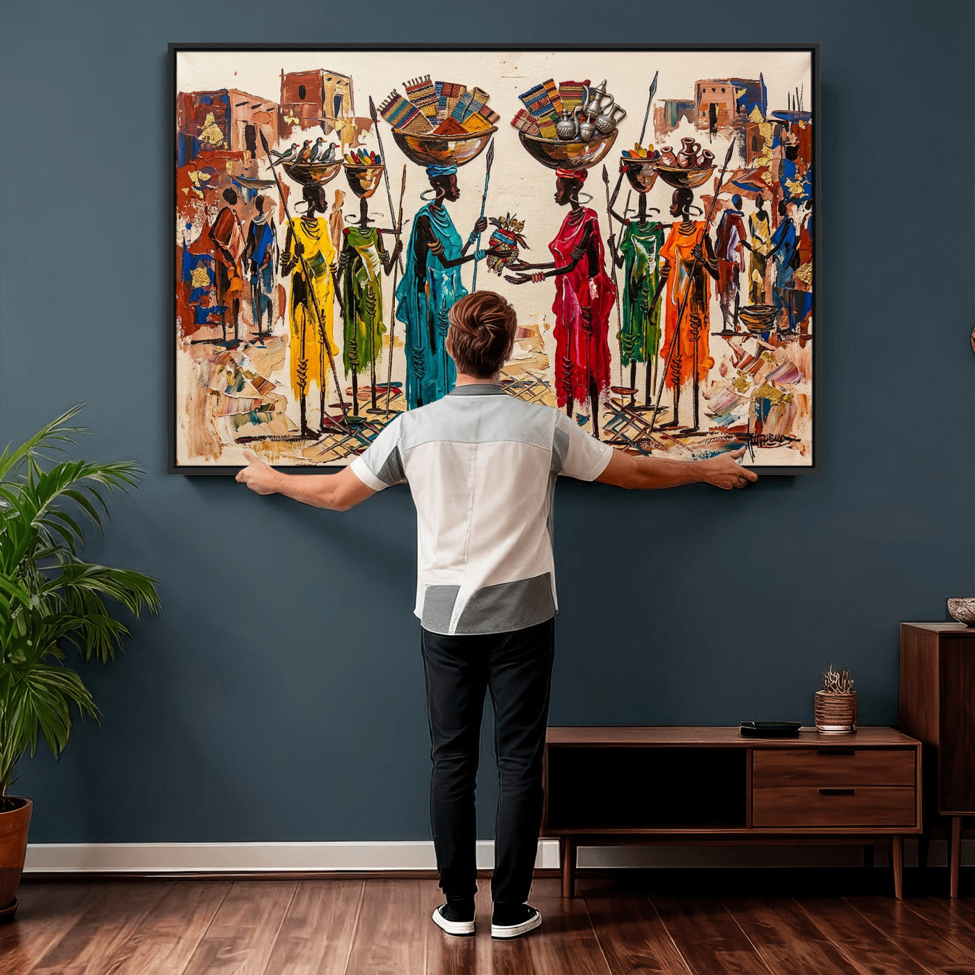 54818657-MGV-CV-36X24 - African Folk Art Canvas Wall Art, Colorful African Women Village Painting Print, Tribal Ethnic Home Decor, Vibrant African Art, Living Room
