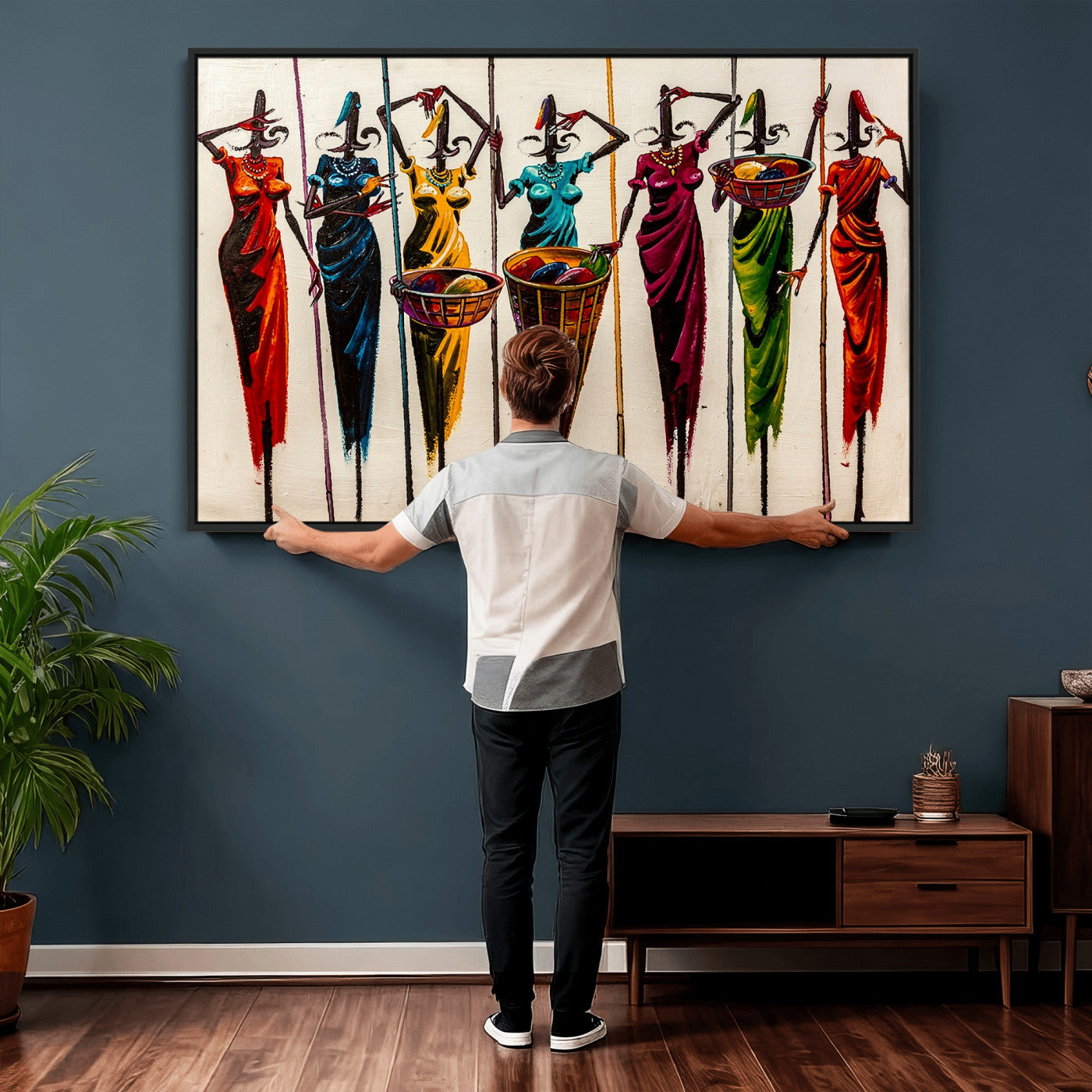 53545627-MGV-CV-36X24 - African Folk Art Canvas Wall Art, Colorful African Women Village Painting Print, Tribal Ethnic Home Decor, Vibrant African Art, Living Room