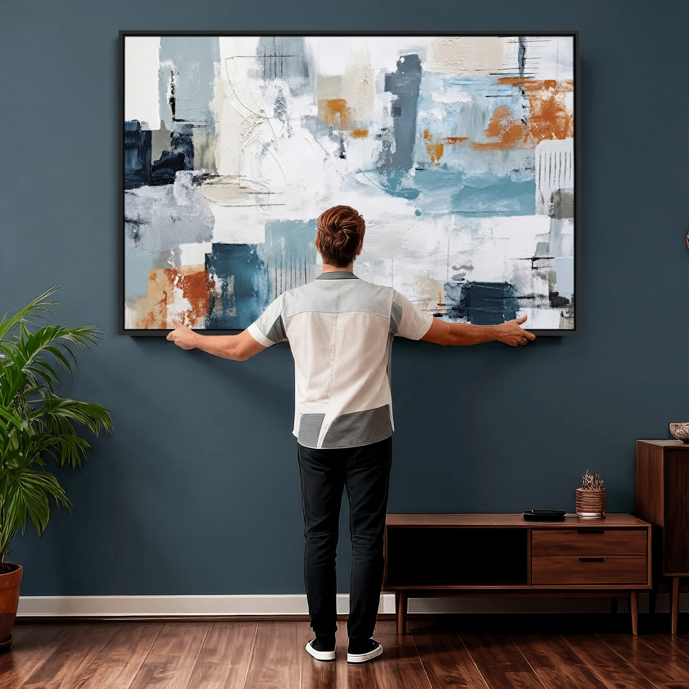 98638479-MGV-CV-36X24 - Blue Teal Abstract Canvas Wall Art, Modern Textured Painting Print, Navy Orange White Contemporary Art, Neutral Living Room Decor, Office Art