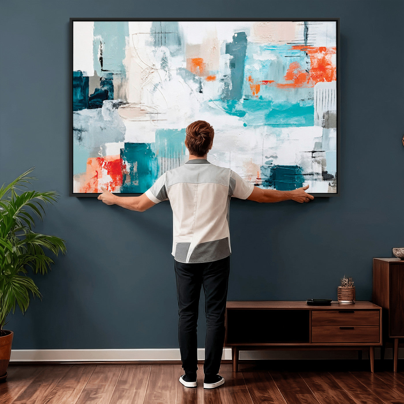 98638479-MGV-CV-36X24 - Blue Teal Abstract Canvas Wall Art | Modern Textured Painting Print, Navy Orange White Contemporary Art, Neutral Living Room Decor, Office Art