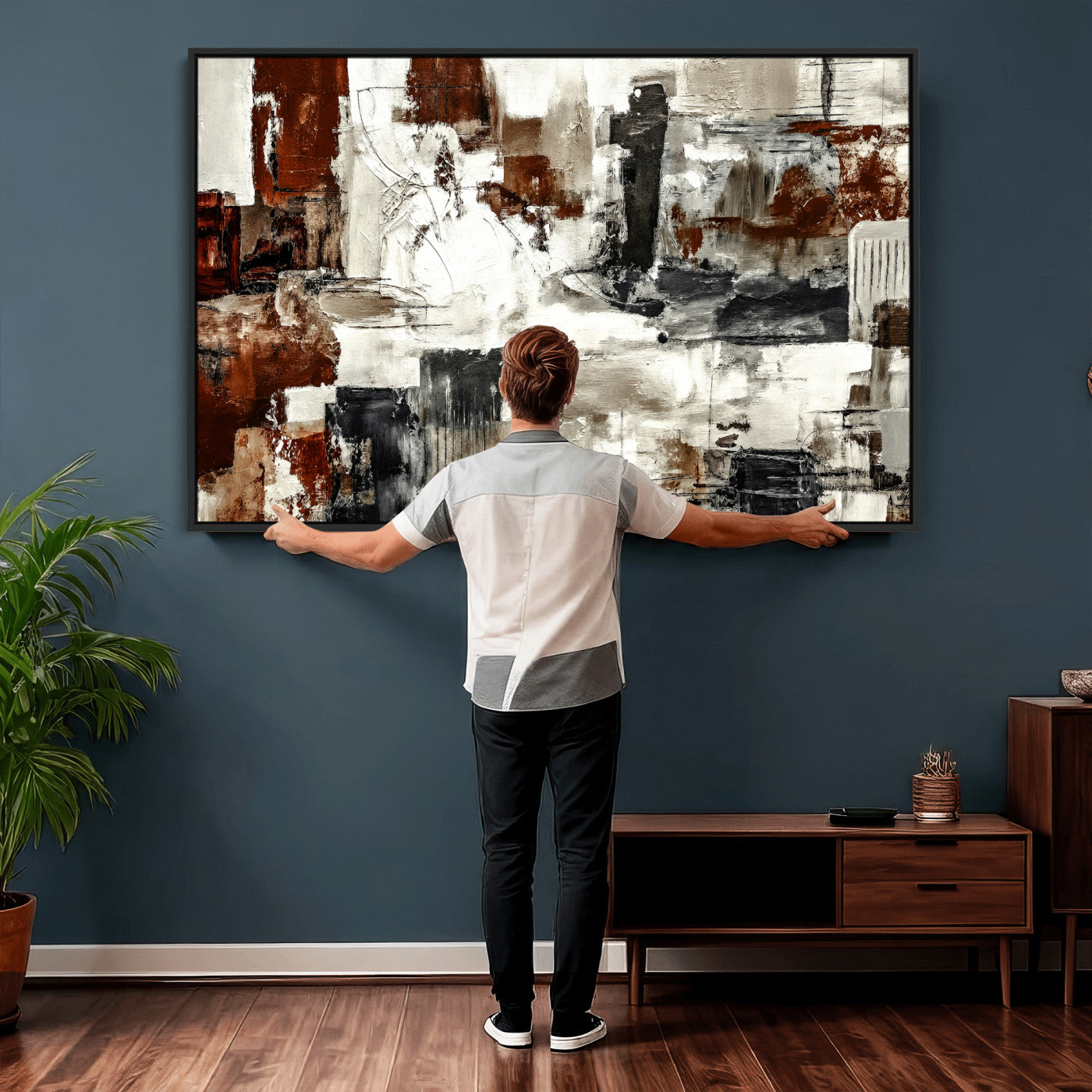 53022468-MGV-CV-36X24 - Blue Teal Abstract Canvas Wall Art, Modern Textured Painting Print, Navy Orange White Contemporary Art, Neutral Living Room Decor, Office Art