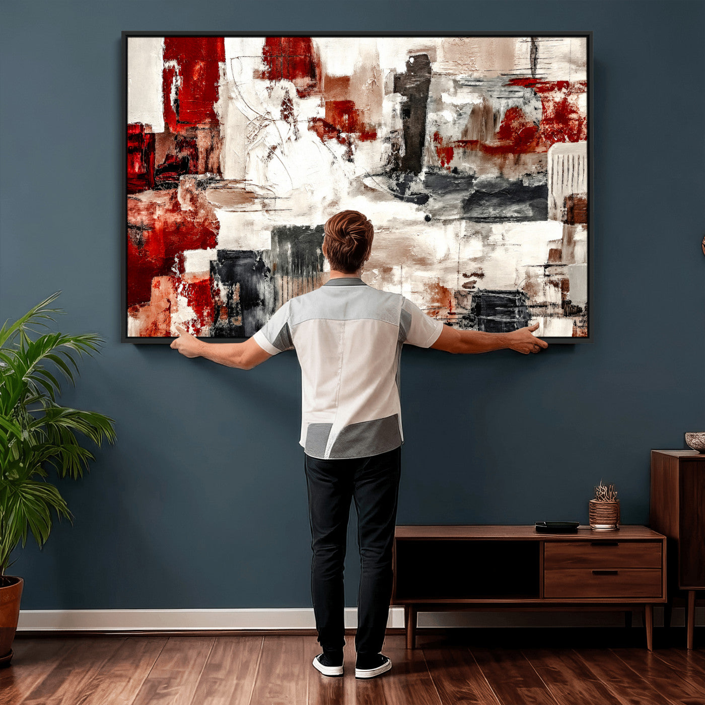 53022468-MGV-CV-36X24 - Blue Teal Abstract Canvas Wall Art, Modern Textured Painting Print, Navy Orange White Contemporary Art, Neutral Living Room Decor, Office Art