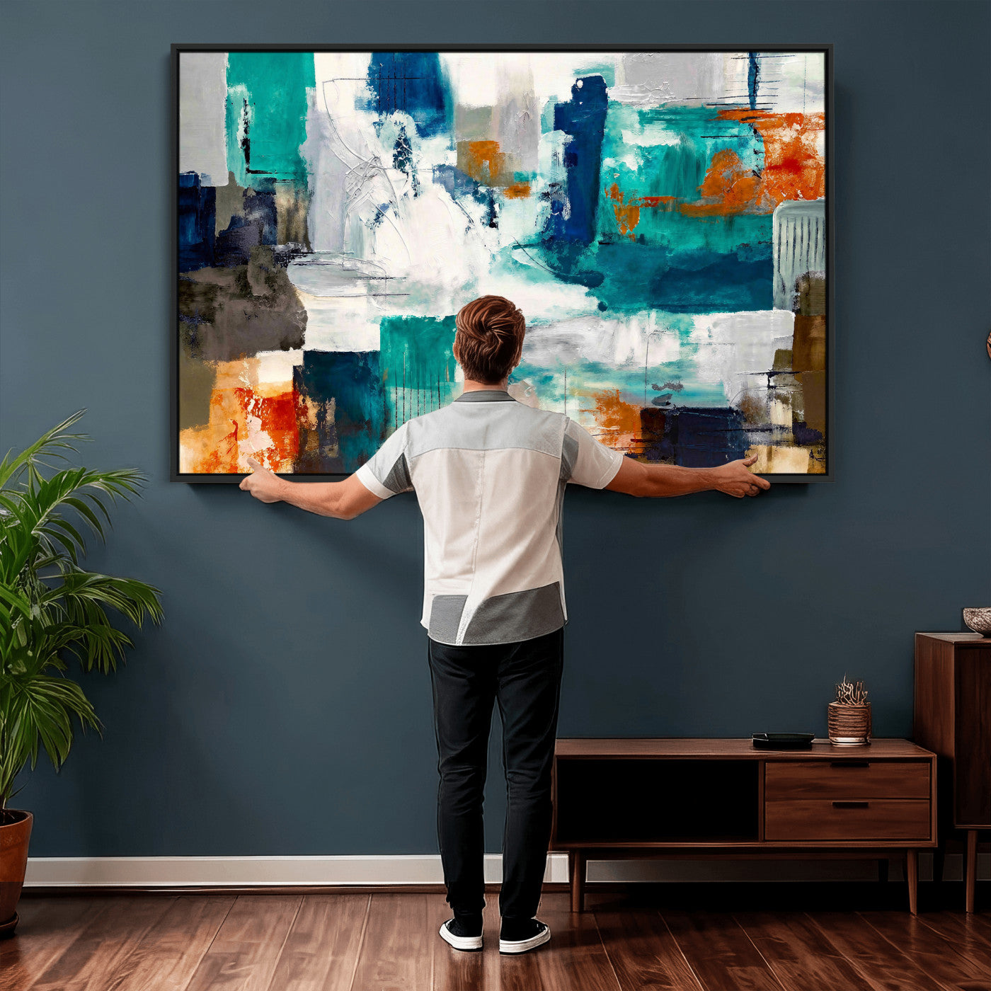 44038089-MGV-CV-36X24 - Blue Teal Abstract Canvas Wall Art, Modern Textured Painting Print, Navy Orange White Contemporary Art, Neutral Living Room Decor, Office Art