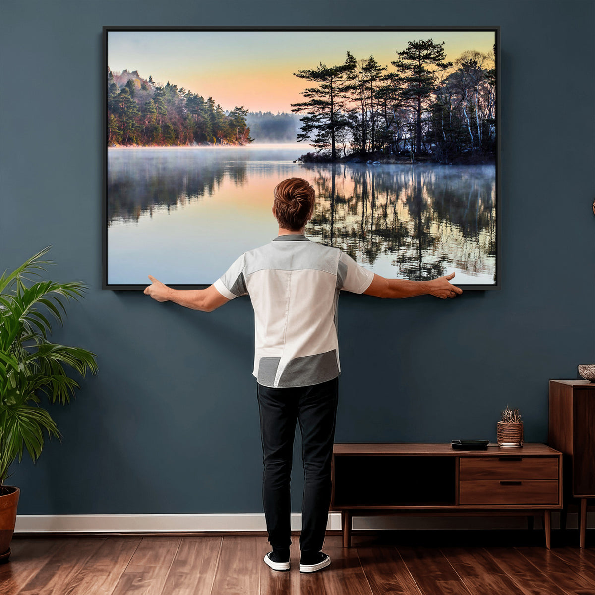 34236027-MGV-CV-36X24 - Before People Wake Canvas Wall Art Print, Misty Lake Sunrise Landscape, Forest Reflection Nature Decor, Ready to Hang