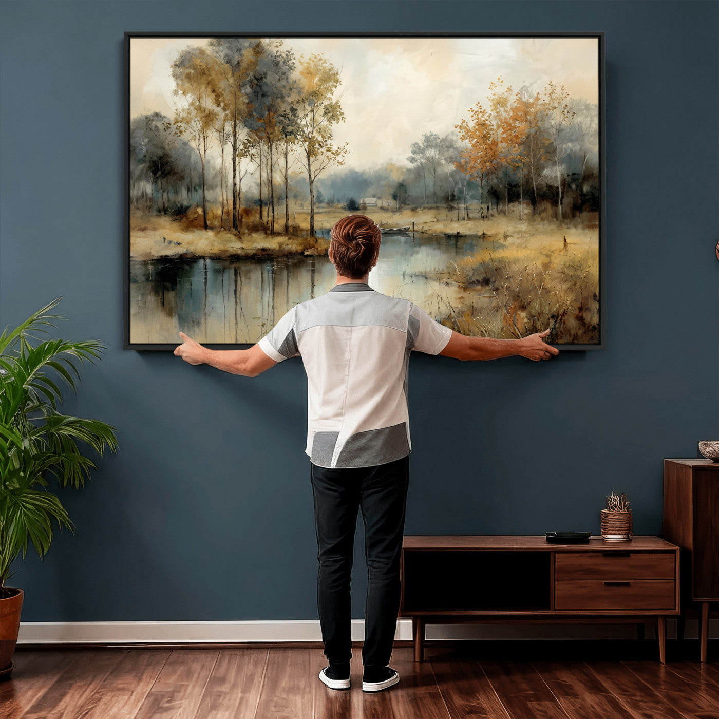 74391095-MGV-CV-36X24 - Abstract WatercolorAutumn Lake Canvas Wall Art Print, Misty Forest Landscape, Rustic Nature Painting, Cabin Wall Decor | Ready to Hang