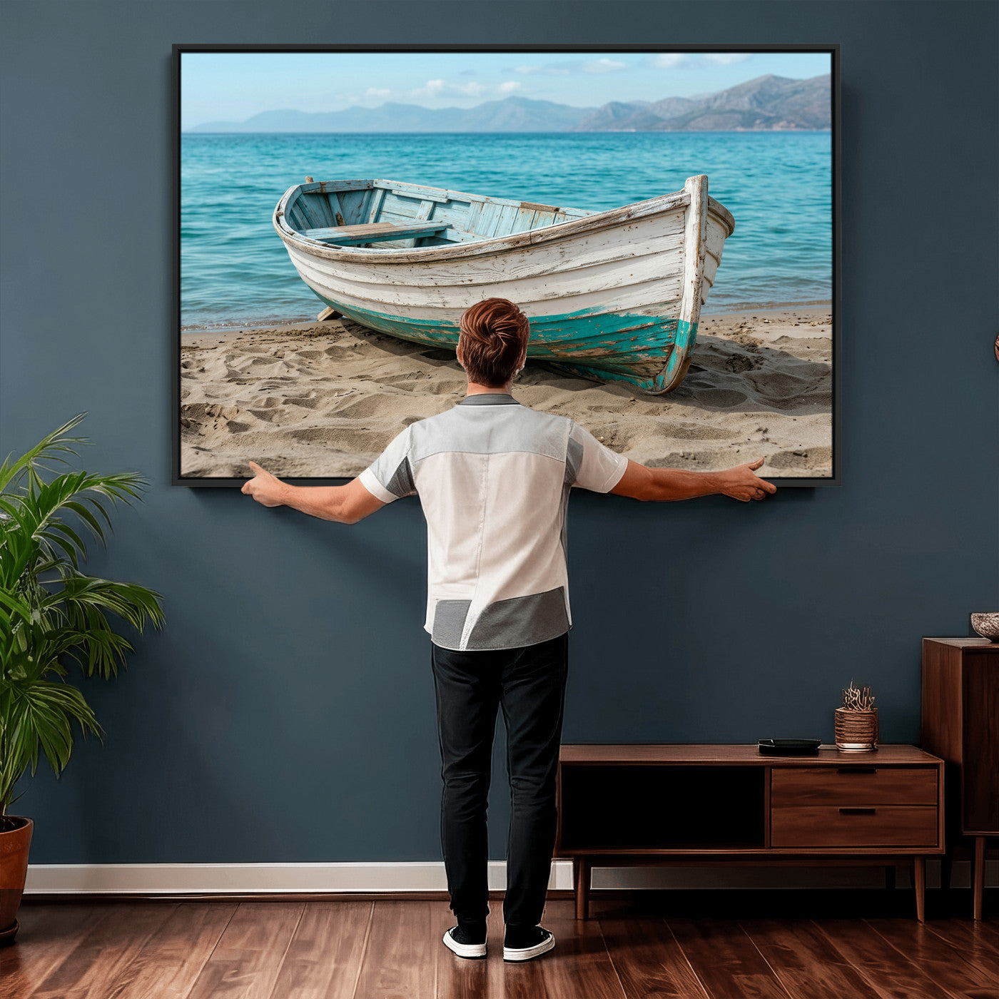 49963709-MGV-CV-36X24 - Coastal Boat Canvas Wall Art Print, Beach Boat Painting, Nautical Ocean Decor, Seascape Wall Art, Ready to Hang