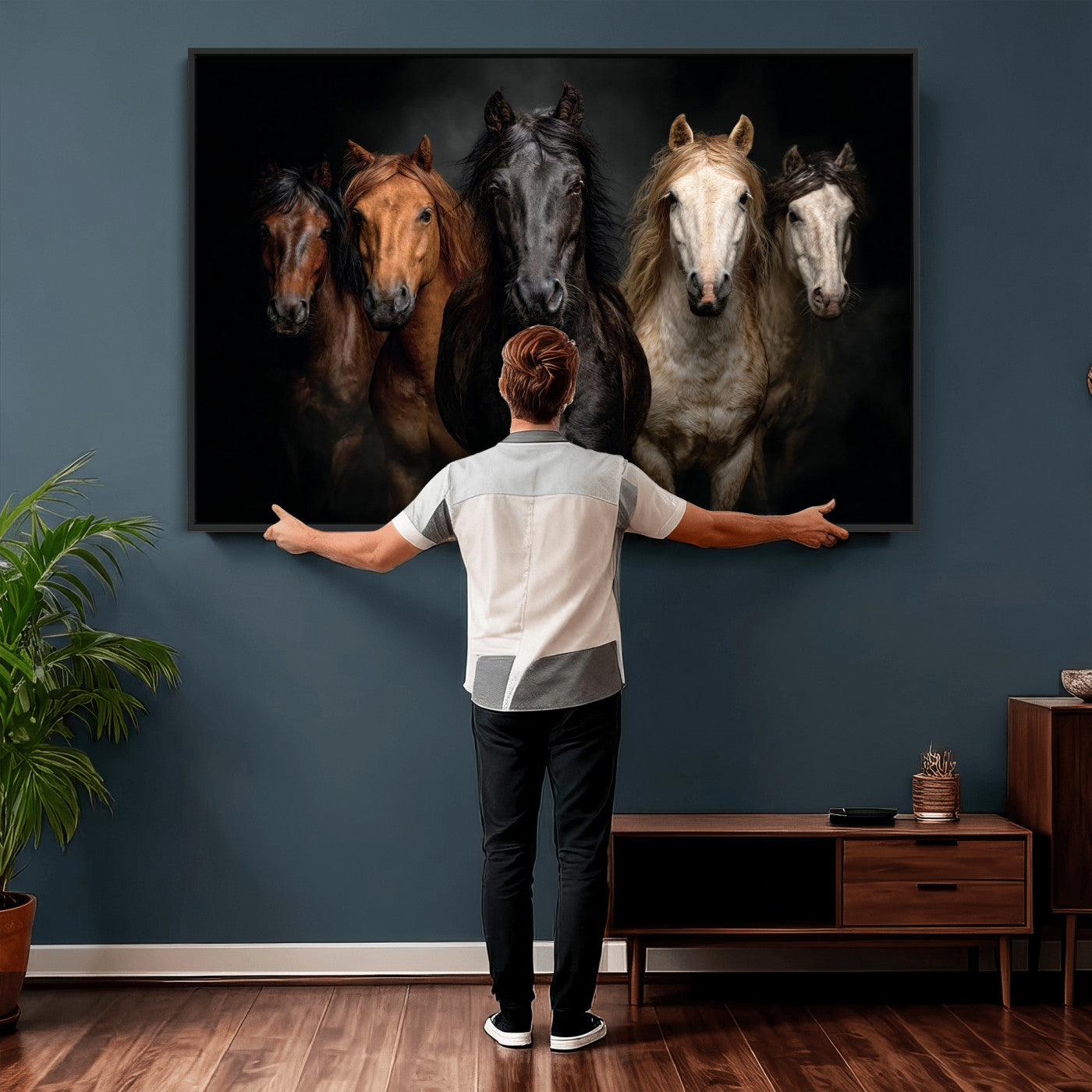 77696206-MGV-CV-36X24 - Horse Wall Art Canvas Print, Wild Horses Portrait Photography, Animal Horse Decor, Black Brown White Horse Herd, Rustic Ranch Art