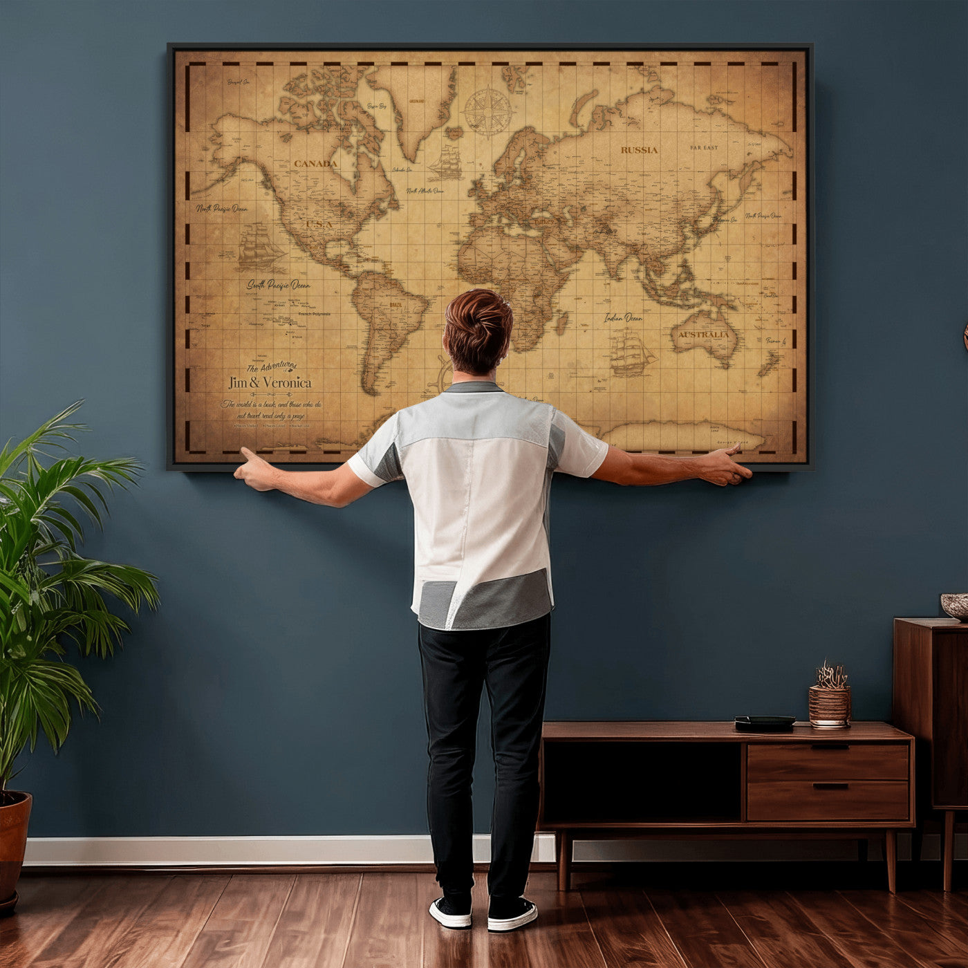 55328610-MGV-CV-36X24 - Personalize Push Pin World Map, Vintage Travel Map Canvas, Custom Names Anniversary Gift, Places Visited Pin Board, Couples Adventure Arts