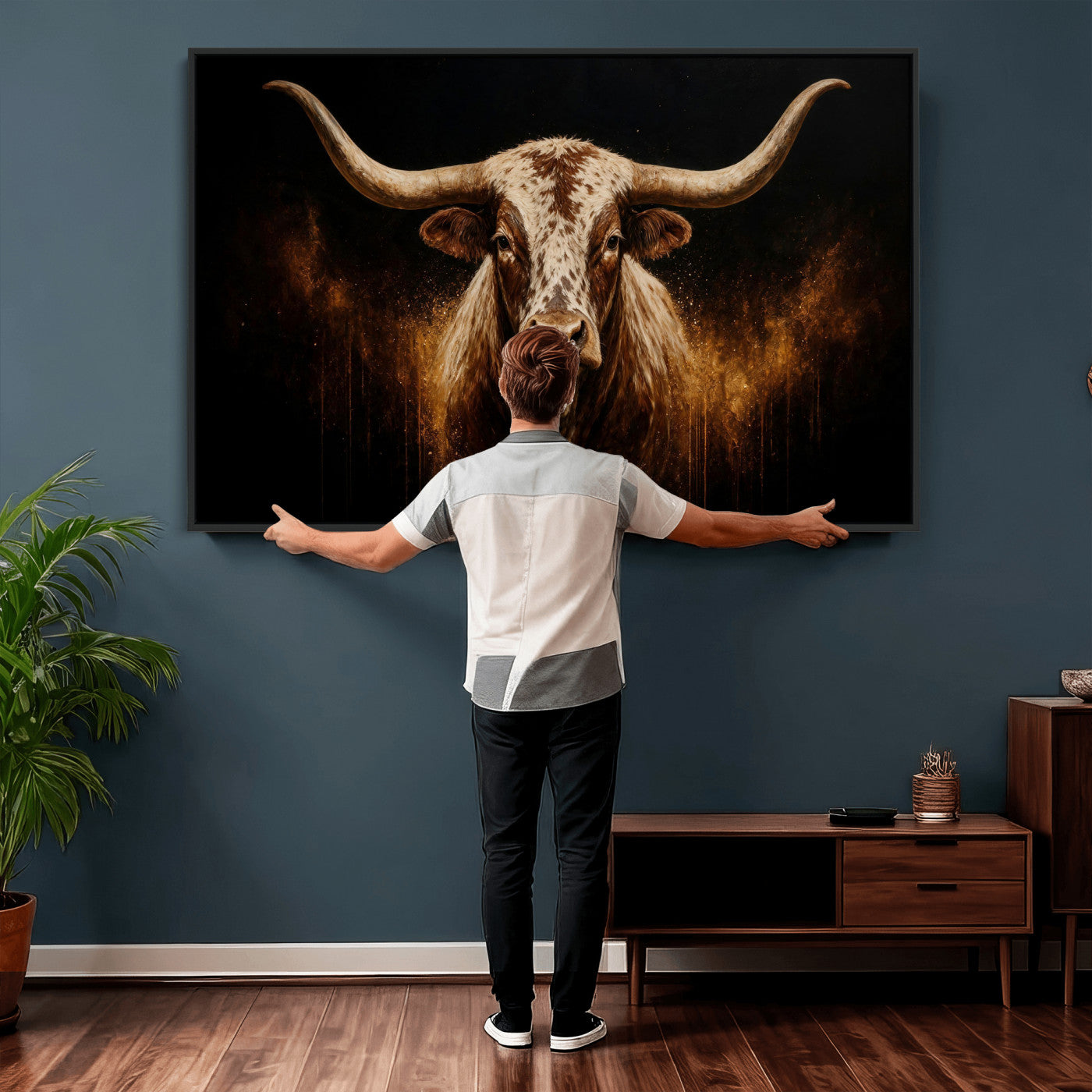 62076449-MGV-CV-36X24 - Texas Bull Cow Longhorn Canvas Wall Art Moody Western Bull Oil Painting Print