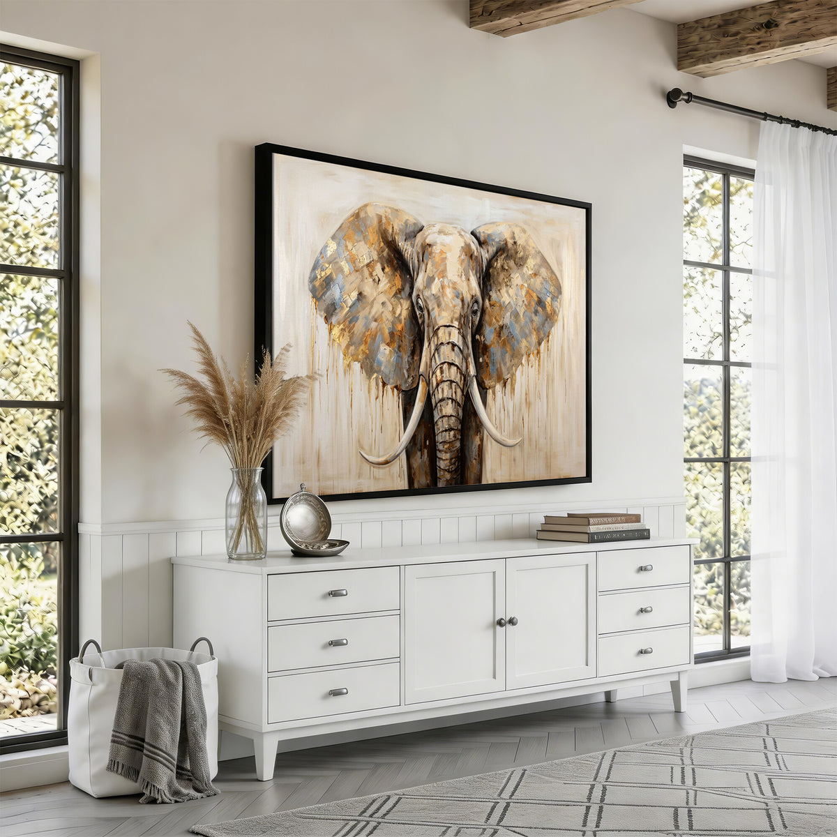 95819221-MGV-CV-36X24 - Gold Leaf Elephant Canvas Wall Art Abstract African Wildlife Painting Print