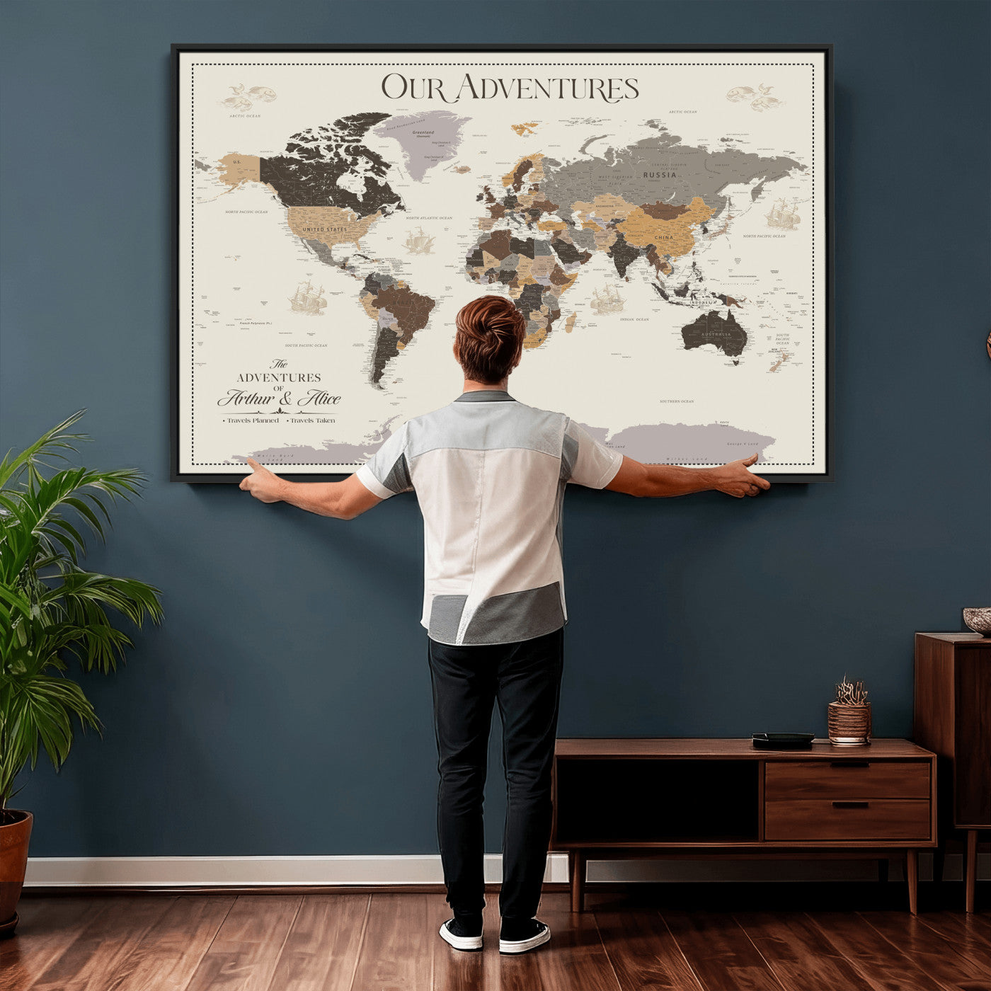 58777746A-MGV-CV-36X24 - Push Pin Customize World Map Wall Art Canvas Print, Modern Decorative Framed Map Artwork Prints for Living Room, Office, Bedroom Wall Decor
