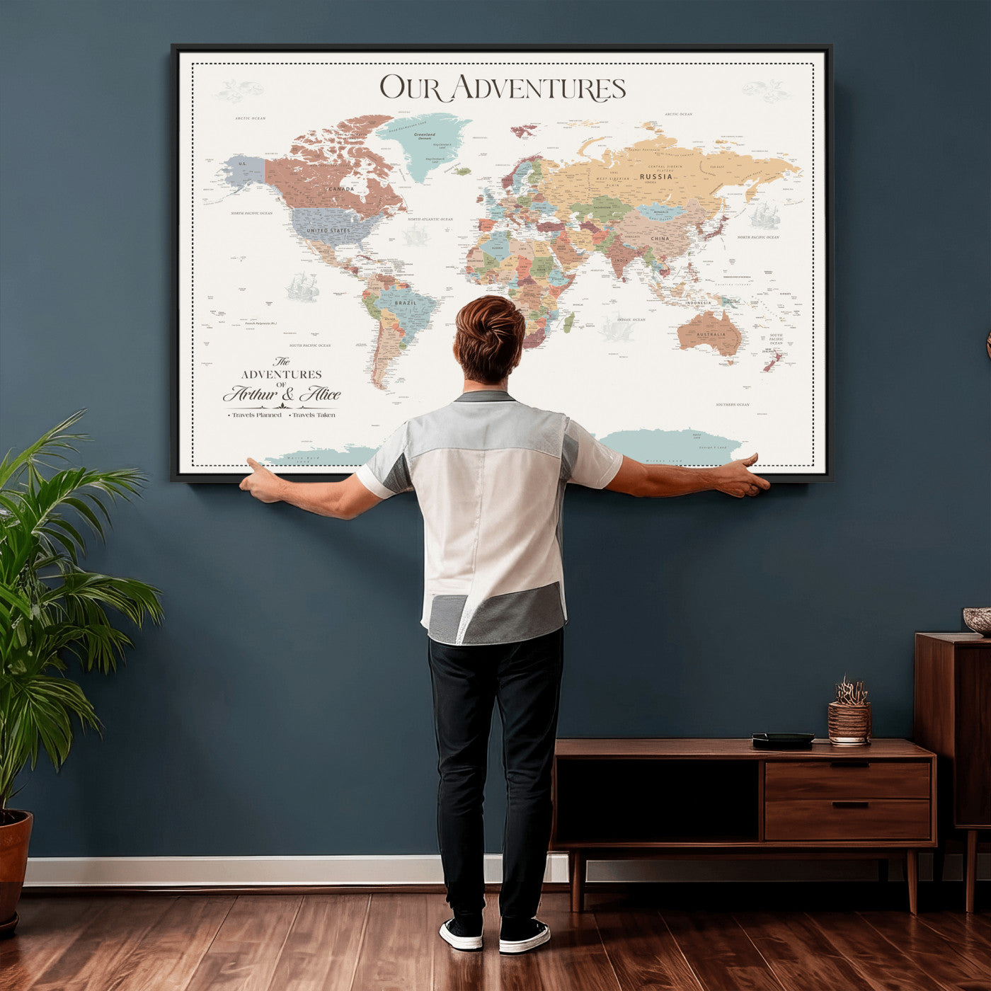 NEWMAP-4-MGV-CV-36X24 - Push Pin Customize World Map with Pins Board Wall Art Canvas Print