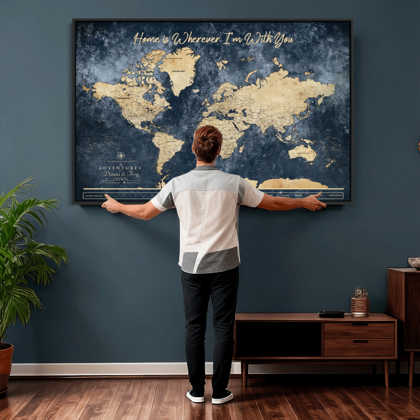 400867BL-MGV-CV-36X24 - Framed Blue Custom Push Pin World Map Canvas Print – Personalized Travel Map Wall Art