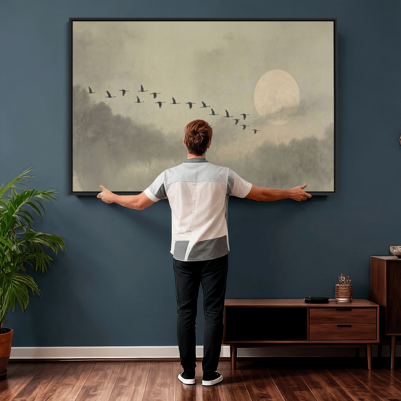 12098149-MGV-CV-36X24 - Flock of Birds Flying to Full Moon Wall Art Canvas Print - Vintage Surreal Clouds Painting
