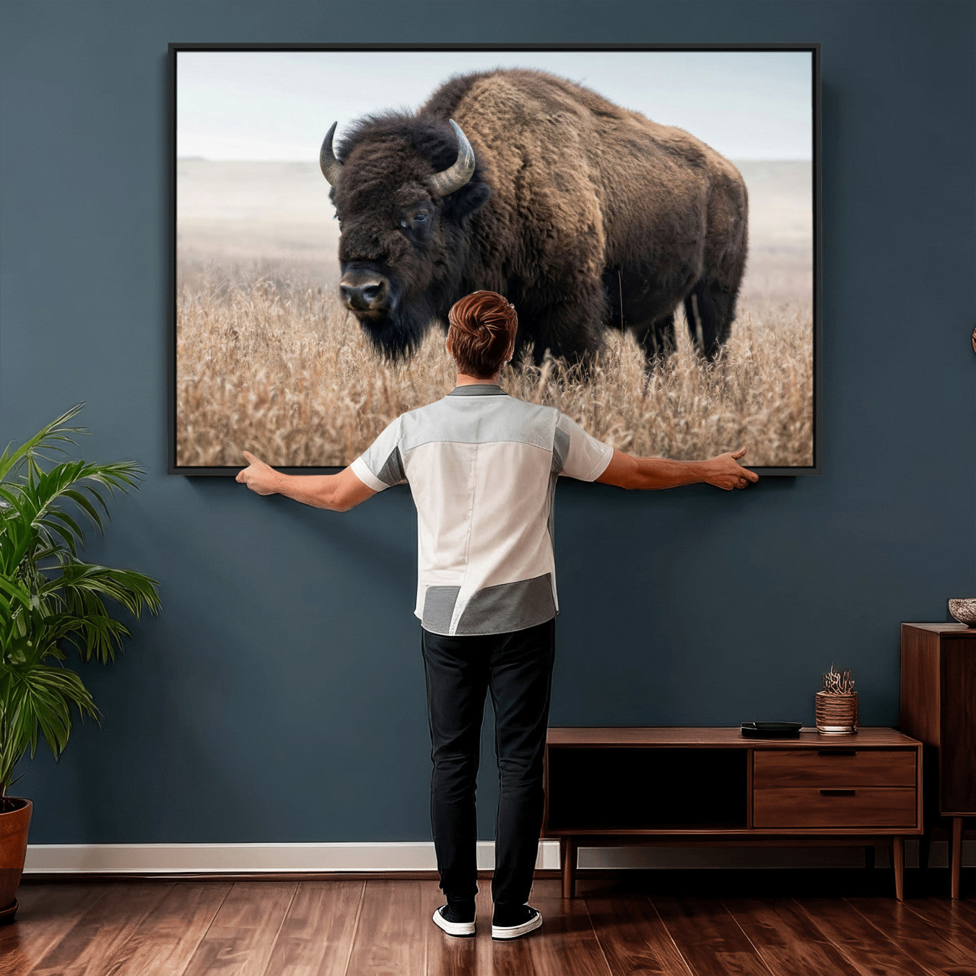 81029583-MGV-CV-36X24 - American Bison in Prairie Field Wall Art Canvas Print - Rustic Wildlife Photography