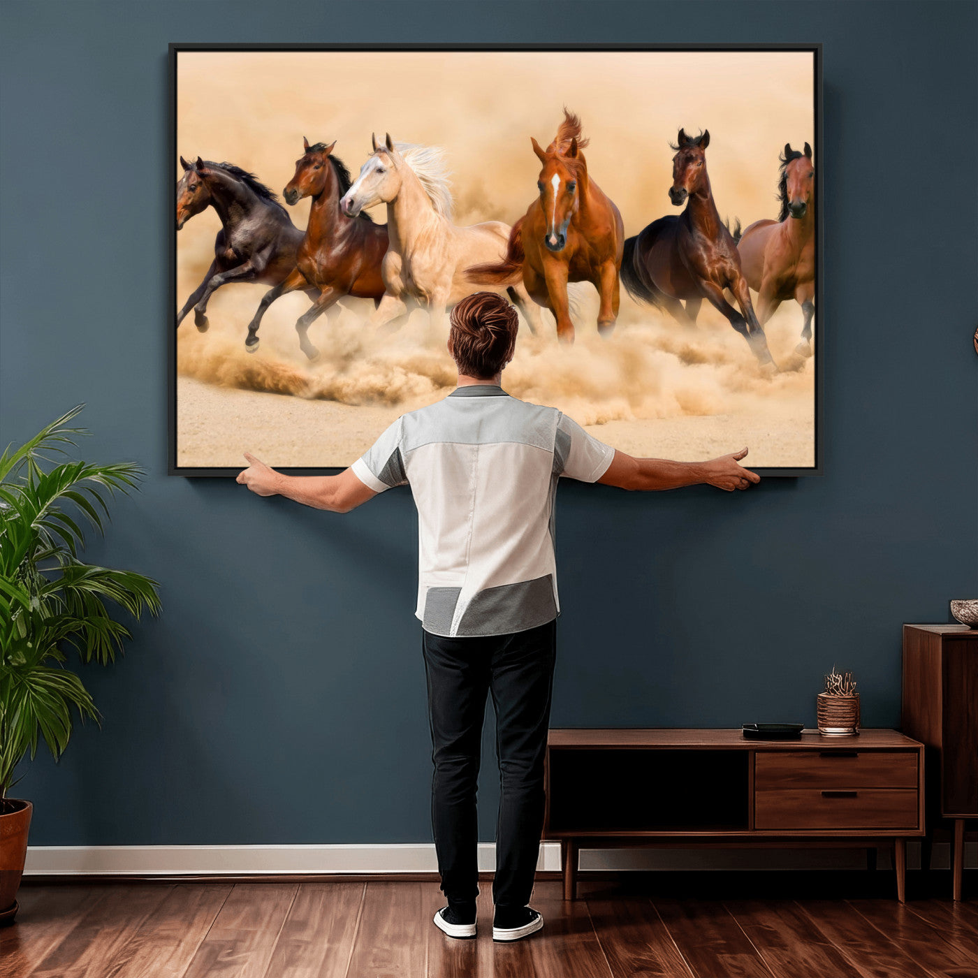 90610949-MGV-CV-36X24 - Herd of Six Wild Horses Galloping in Dust Storm Wall Art Canvas Print - Majestic Wildlife Decor