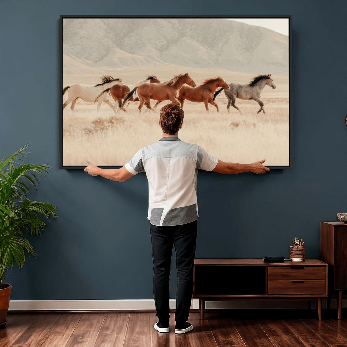 43348446-MGV-CV-36X24 - Herd of Wild Horses Running in Desert Mountain Wall Art Canvas Print - Boho Western Landscape