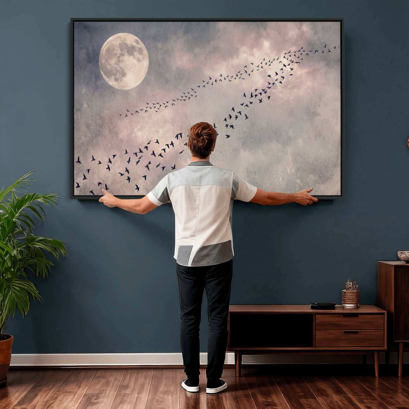 52339590-MGV-CV-36X24 - Birds Flying to Moon Wall Art Canvas Print - Vintage Surreal Night Sky Sky Print