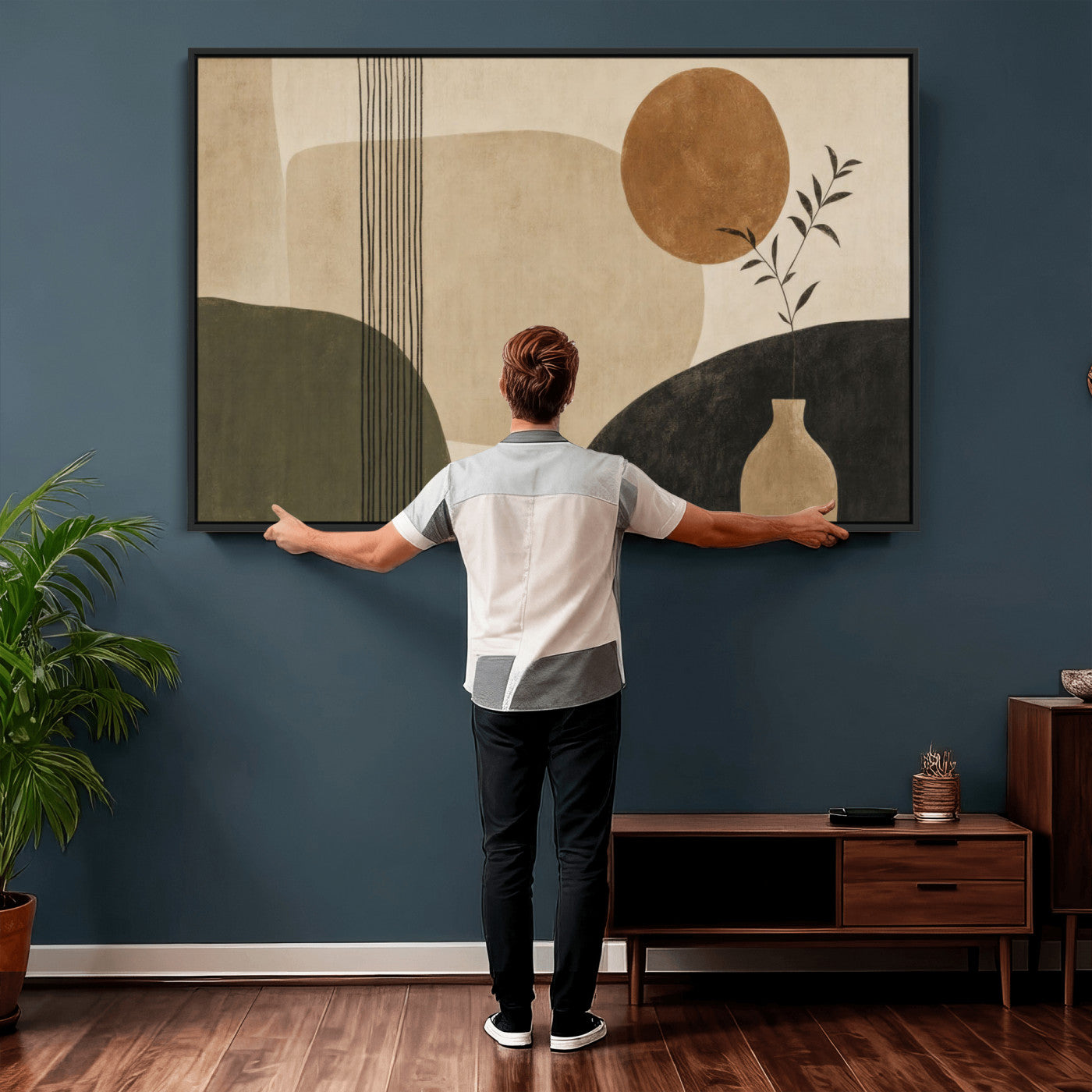 29113684-MGV-CV-36X24 - Japandi Minimalist Abstract Wall Art Canvas Print, Sage Green and Terracotta Sun Botanical Painting Print