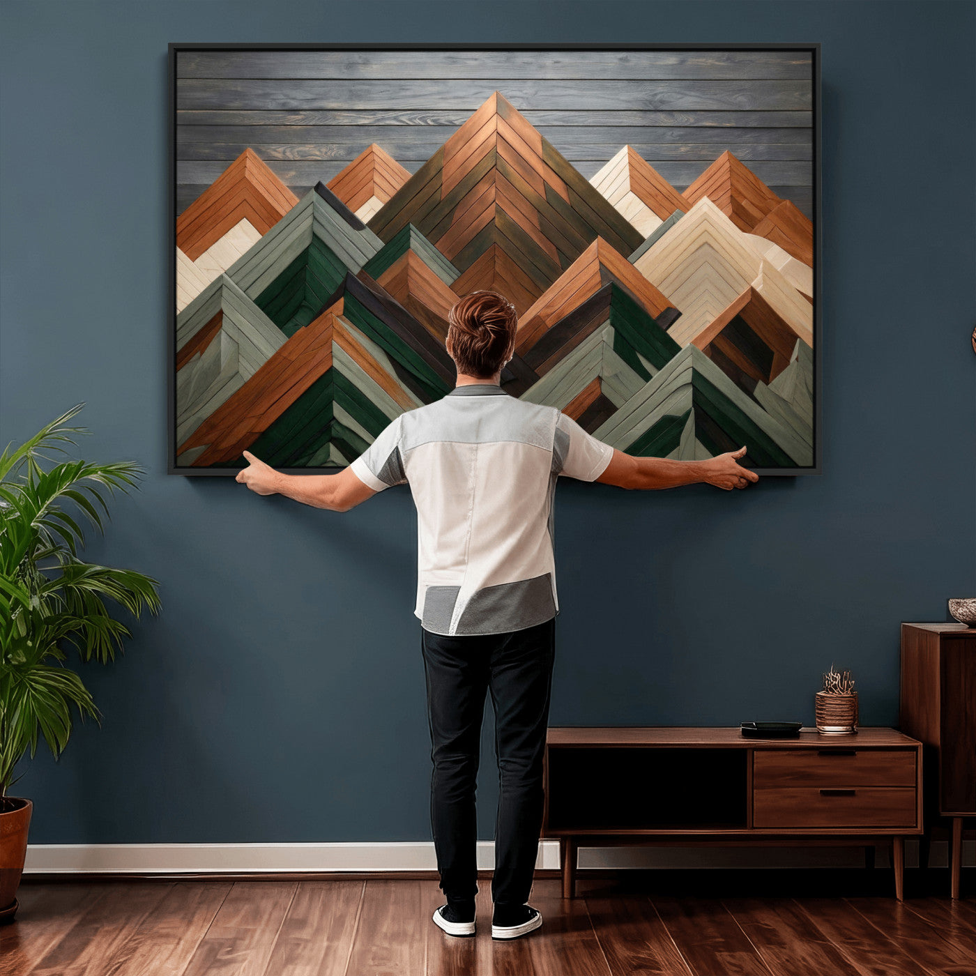 84617347-MGV-CV-36X24 - Geometric Wood Mountain Wall Art Canvas Print, 3D Look Rustic Mosaic Landscape Print