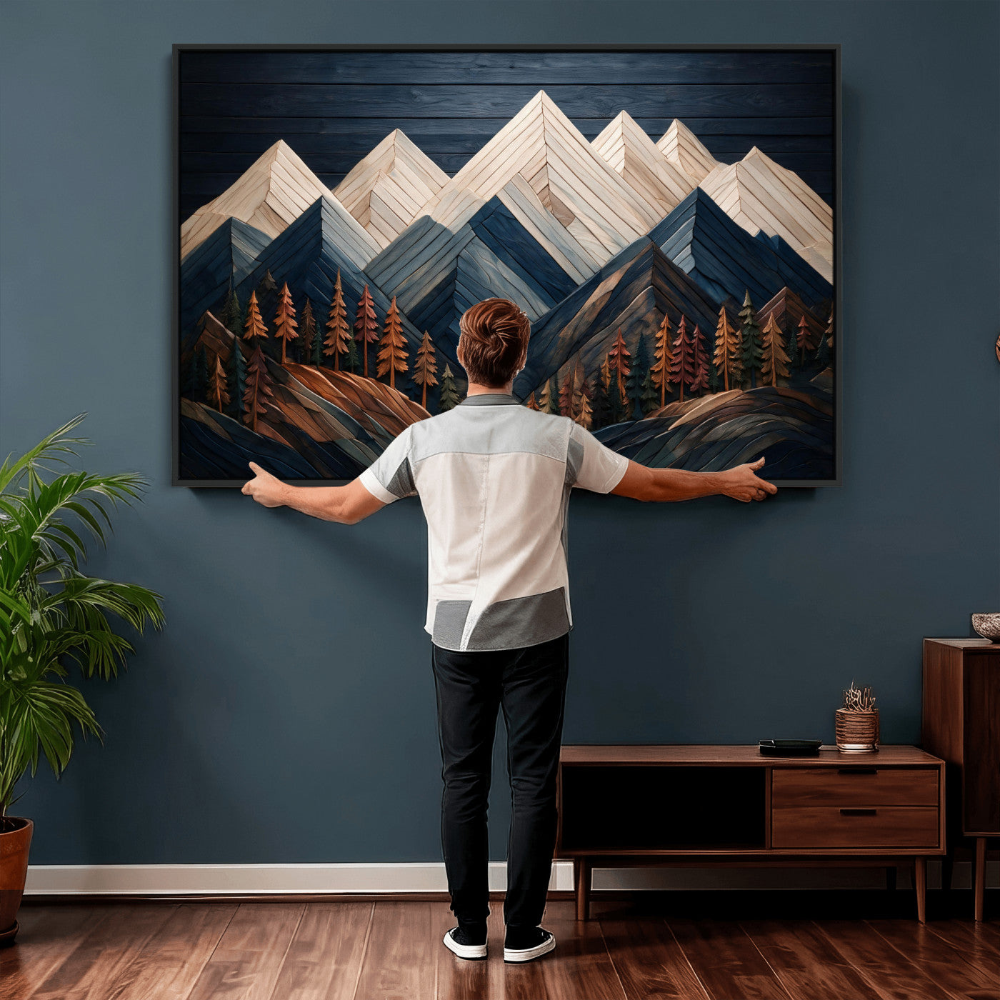 87765072-MGV-CV-36X24 - Geometric Wood Mountain Wall Art Canvas Print, 3D Look Rustic Mosaic Landscape Print