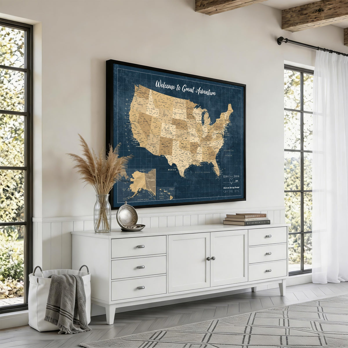 58851035-MGV-CV-36X24 - Custom Cream Push Pin USA Map Canvas Print, 50 State Bucket List Map, Family Room and Hallway Decor