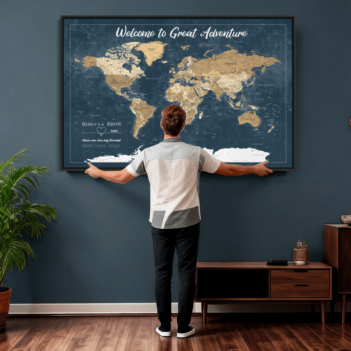 57167164-MGV-CV-36X24 - Custom Push Pin Travel Map Canvas Print, Cream Personalized Travel Tracker Map, Anniversary Gift, Vintage World Map Wall Art
