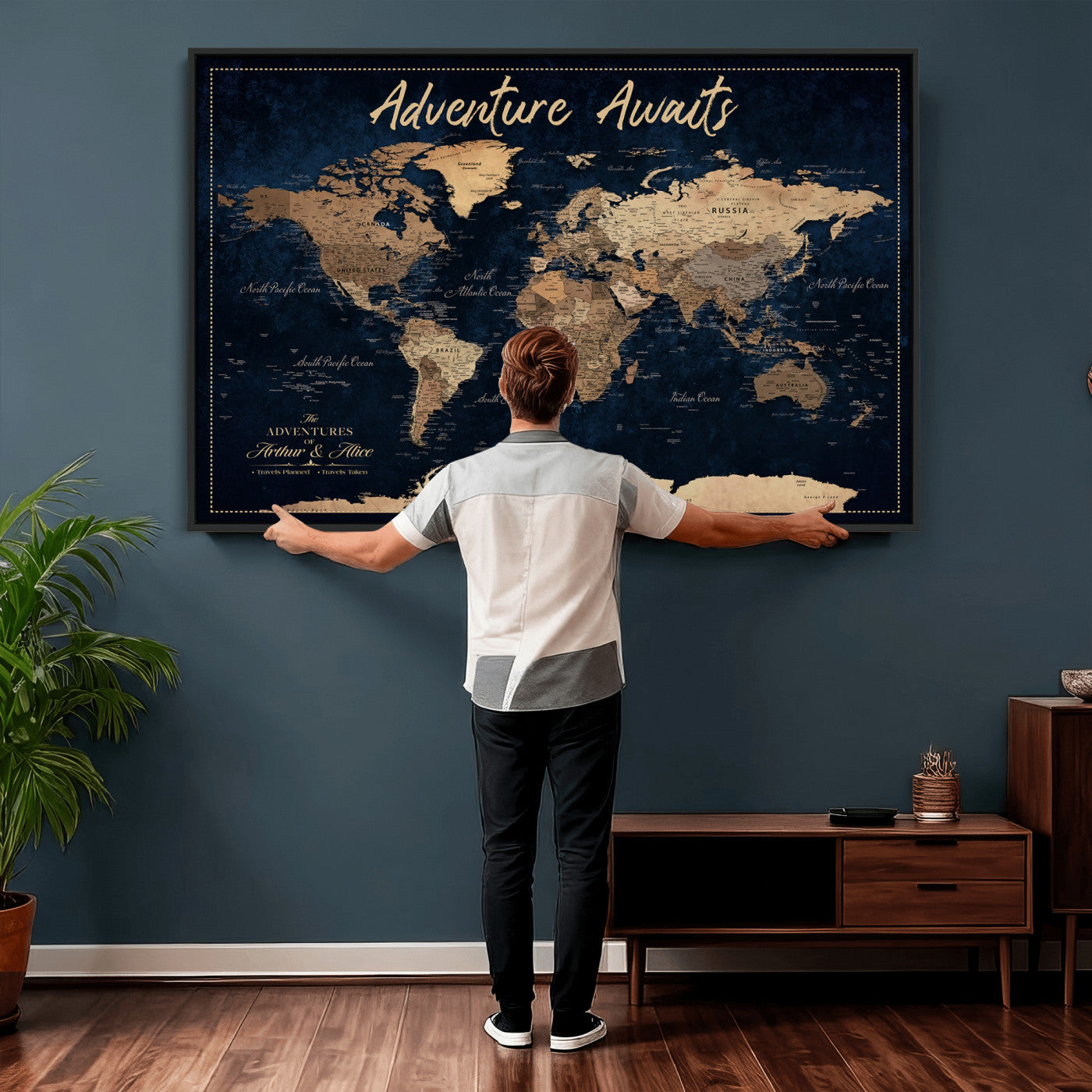 57167164-MGV-CV-36X24 - Custom Push Pin Travel Map Canvas Print, Navy Blue Personalized Travel Tracker Map, Anniversary Gift, Vintage World Map Wall Art