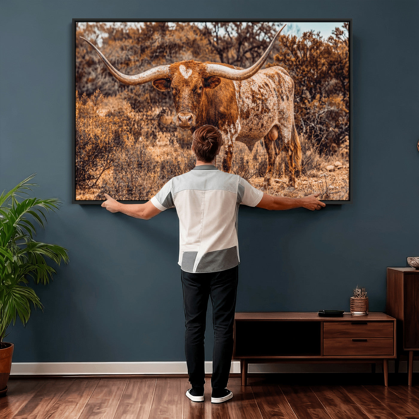 62076449-MGV-CV-36X24 - Texas Cow Bull Longhorn Print for Western Wall Art Decor for Farmhouse