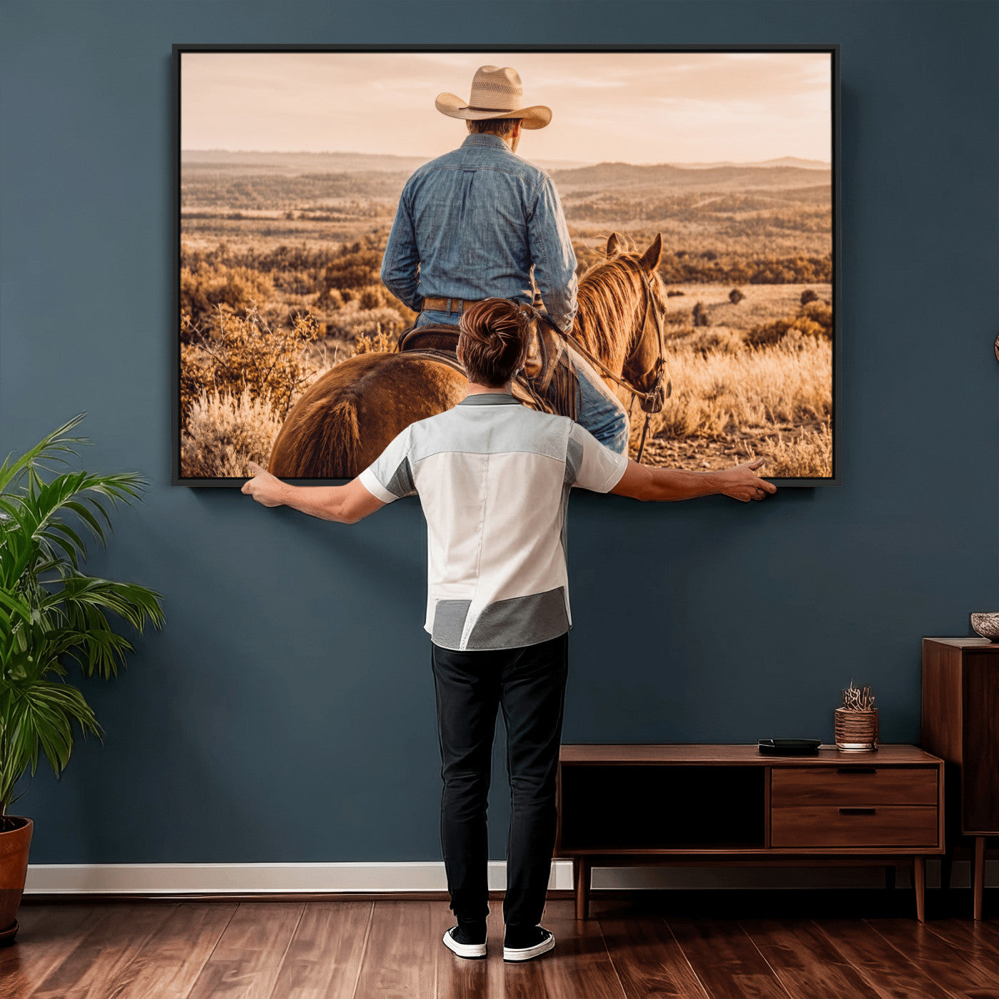 62076449-MGV-CV-36X24 - Texas Cowboy and Horse Print for Western Wall Art Decor for Farmhouse