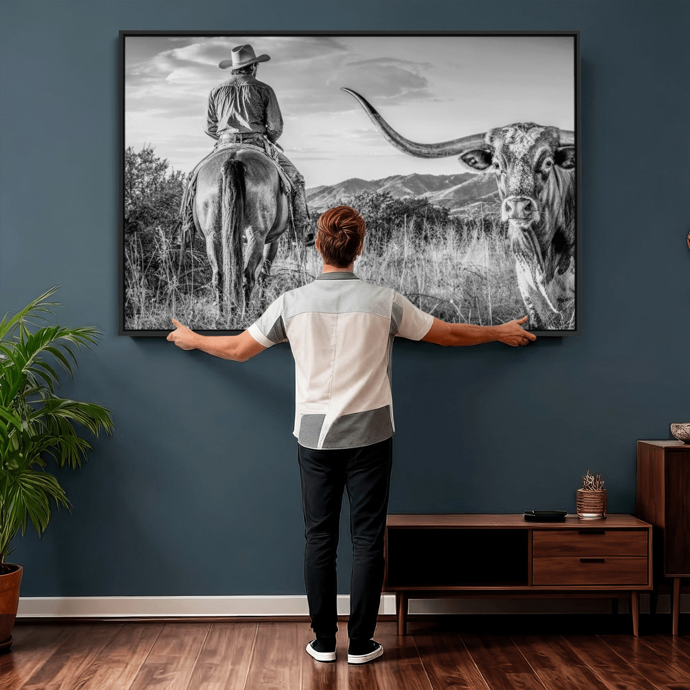 62076449WB-MGV-CV-36X24 - Texas Cowboy and Longhorn Bull Print for Western Wall Art Decor for Farmhouse