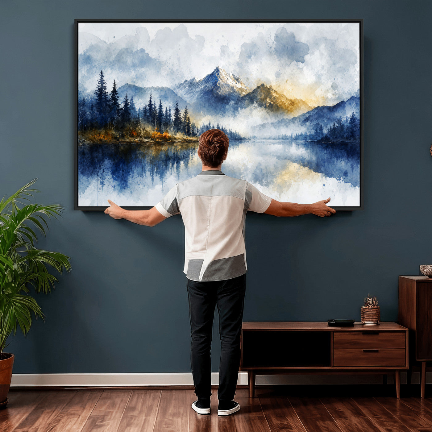 62076449DG-MGV-CV-36X24 - Abstract Watercolor Mountain Lake Wall Art Print for Living Room Decor