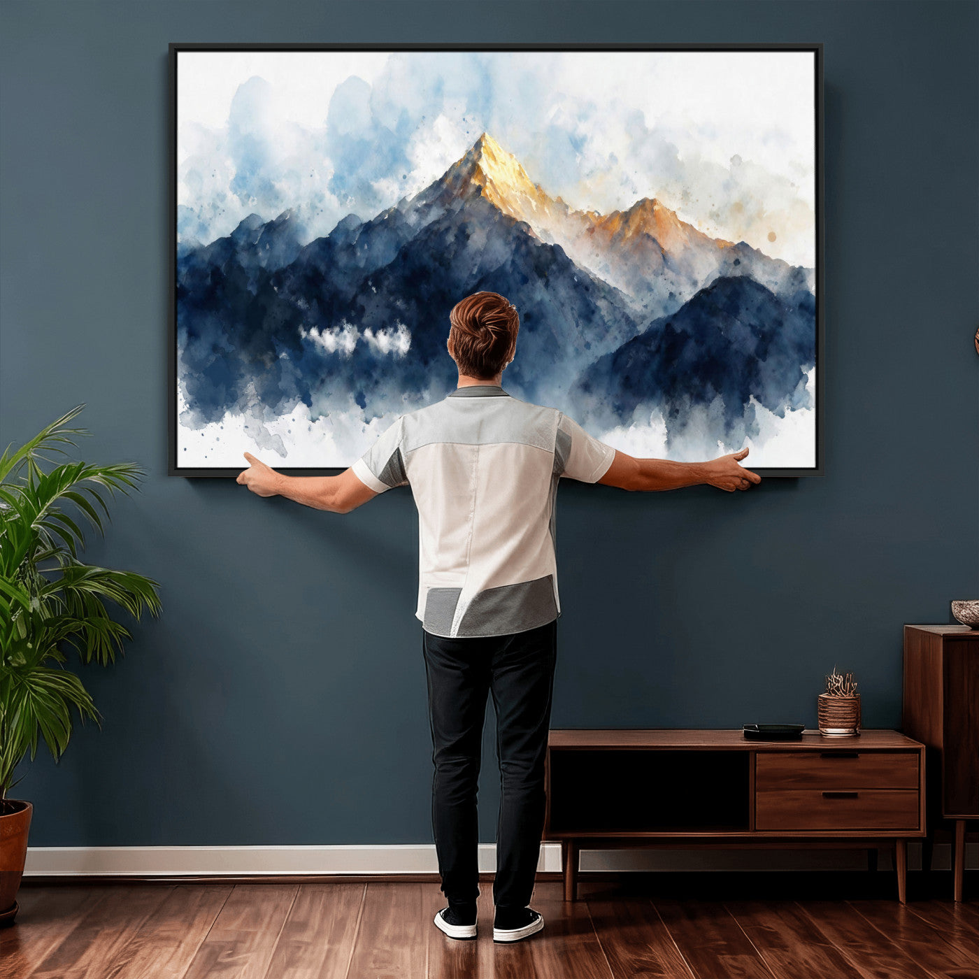 62076449DG1-MGV-CV-36X24 - Abstract Watercolor Mountain Lake Wall Art Print for Living Room Decor
