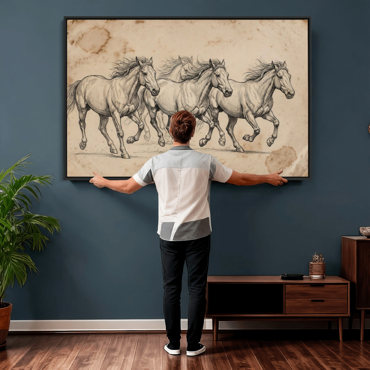 56046981-MGV-CV-36X24 - Sepia Wild Horses Canvas Art, Antique Pencil Drawing Print, Vintage Gallery Wall Decor, Rustic Equestrian Artwork, Traditional Den Gift